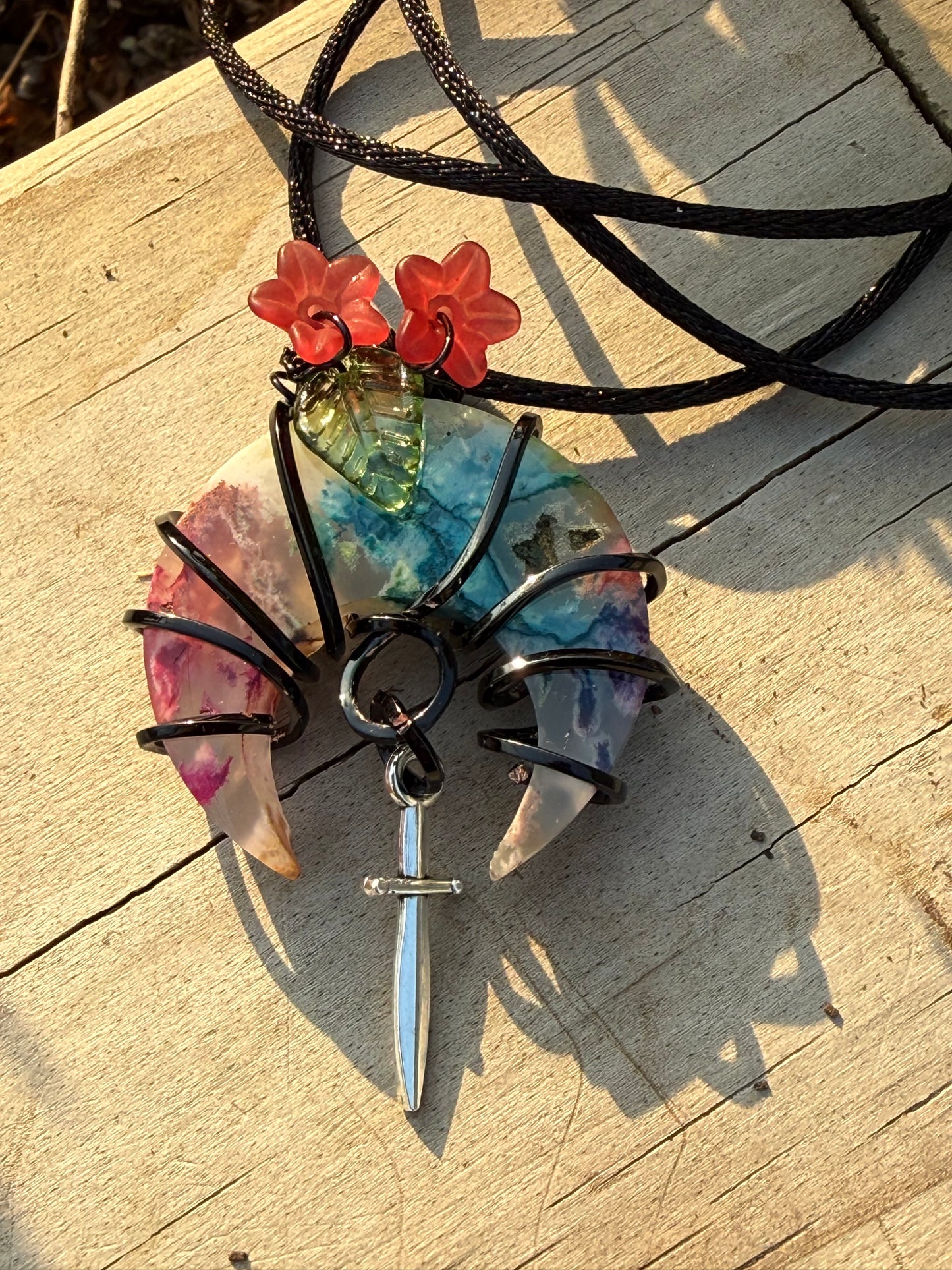 TS Inspired Wire Wrapped Dyed Agate Crescent Moon w Dagger Pendant Necklace Jewelry