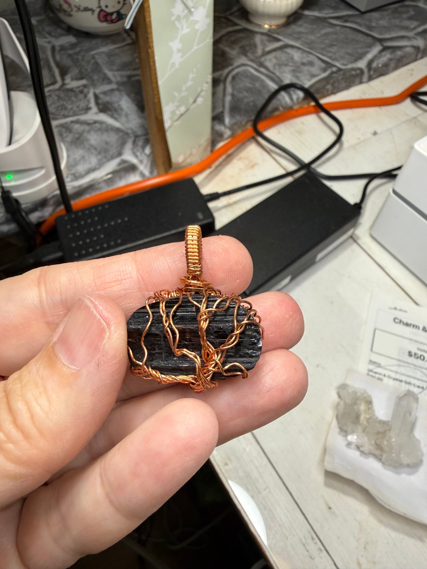 Black Tourmaline Wire Wrapped Tree of Life Pendant in Copper Jewelry Necklace