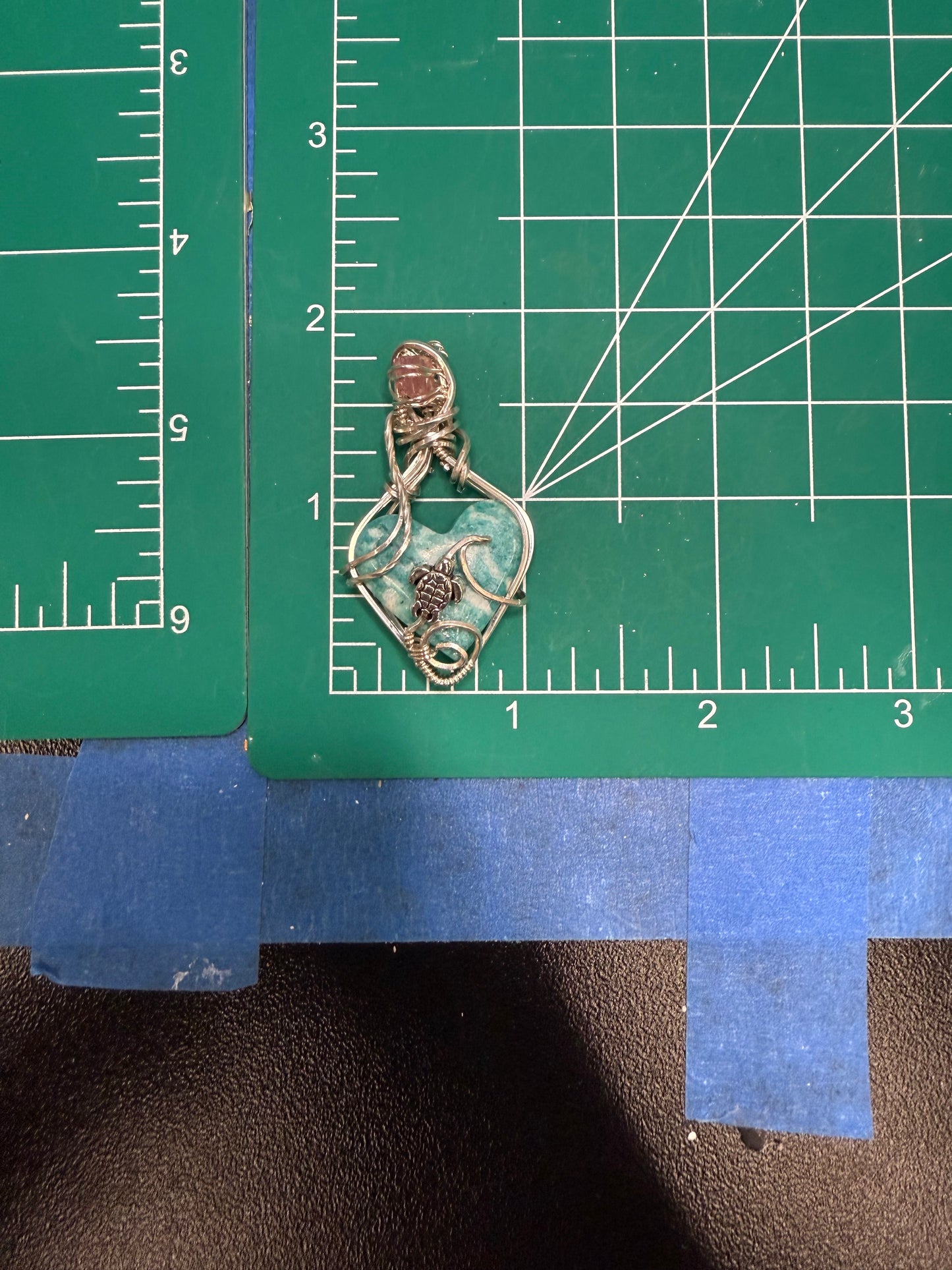 Amazonite Heart w Wave, Turtle, and Pink Tourmaline Accent in Sterling Silver Necklace Jewelry Pendant Gift Ocean Sea Blue