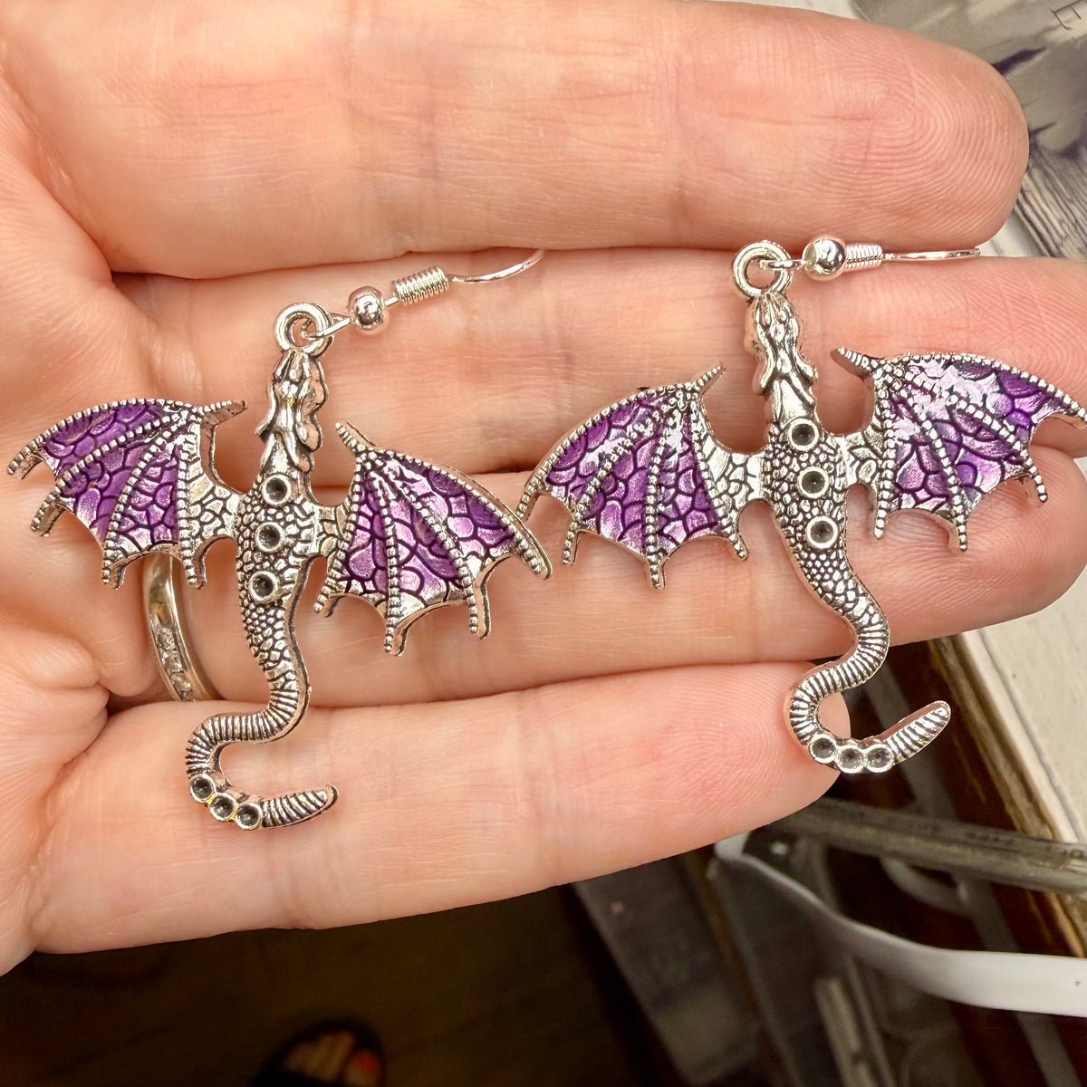 Purple Metal Dragon Earrings