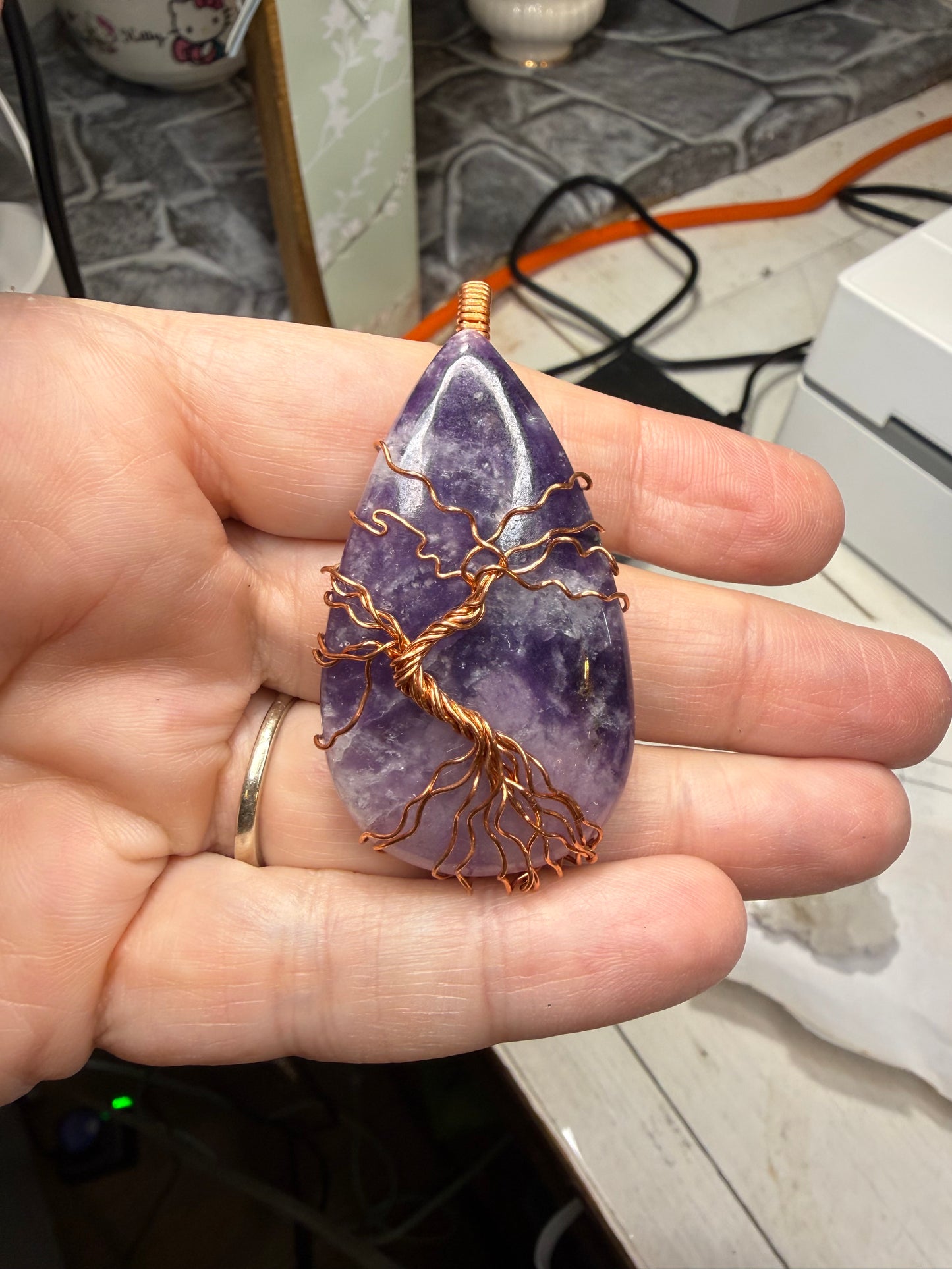 Lepidolite Wire Wrapped Tree of Life Pendant in Copper Jewelry Necklace