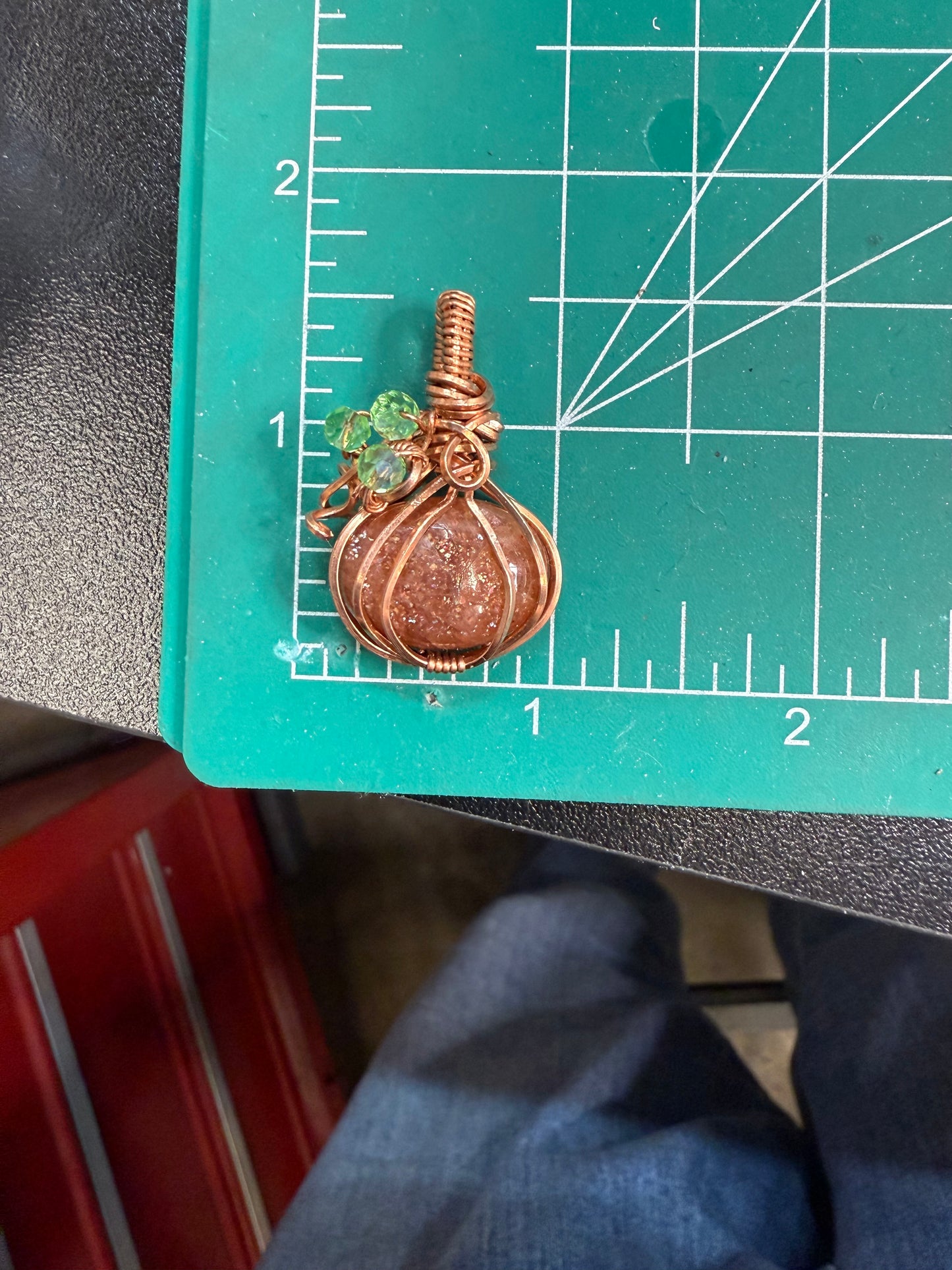 Sunstone Orange Pumpkin in Copper with Green Accents Pendant Necklace