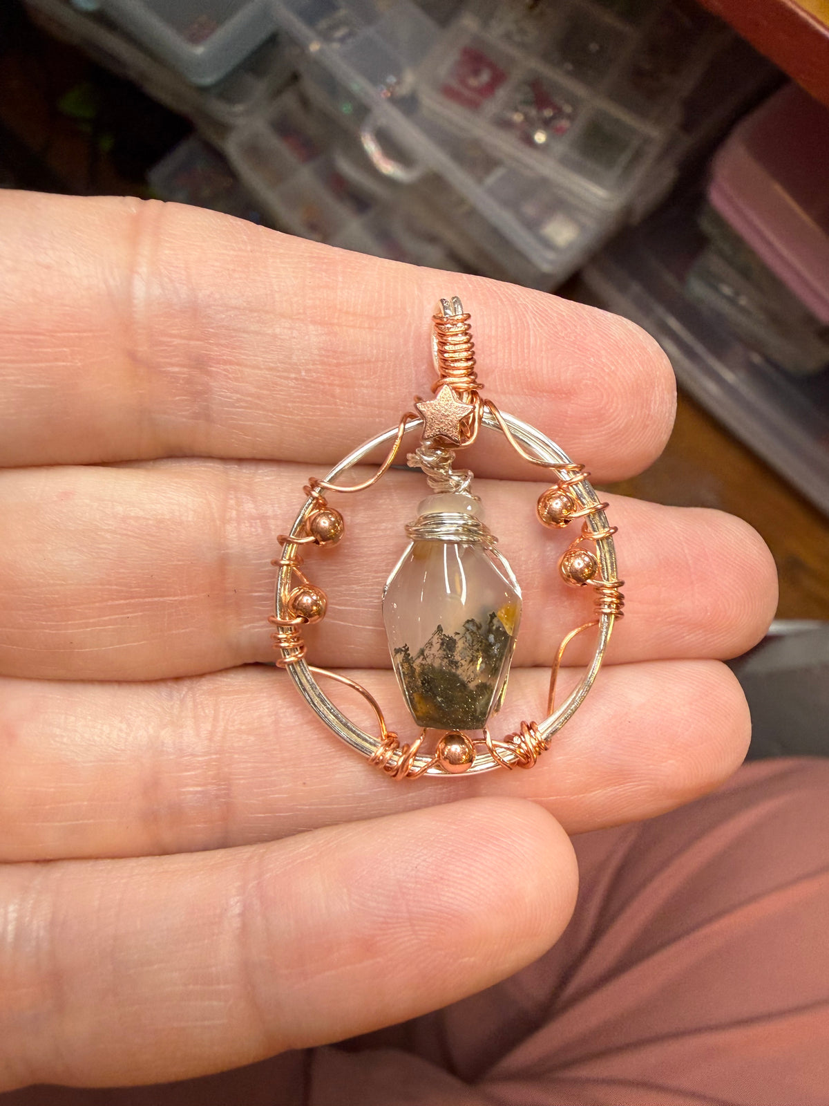 Graveyard Point Plume Agate Potion Bottle Wire Wrapped in Copper & Silver Tone w Star Jewelry Necklace