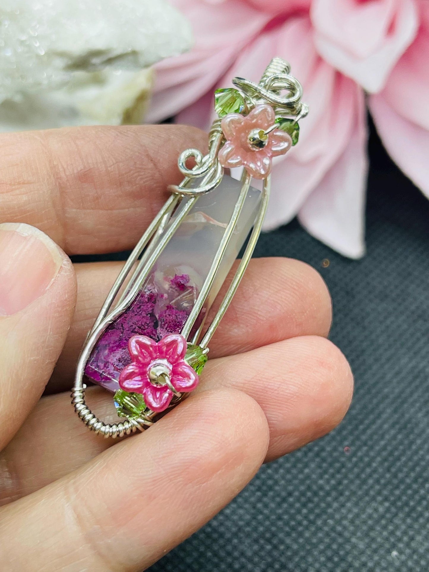 Pink Moss Agate Pendant with Flowers in Sterling Silver Wire Wrapped Jewelry Necklace Gift