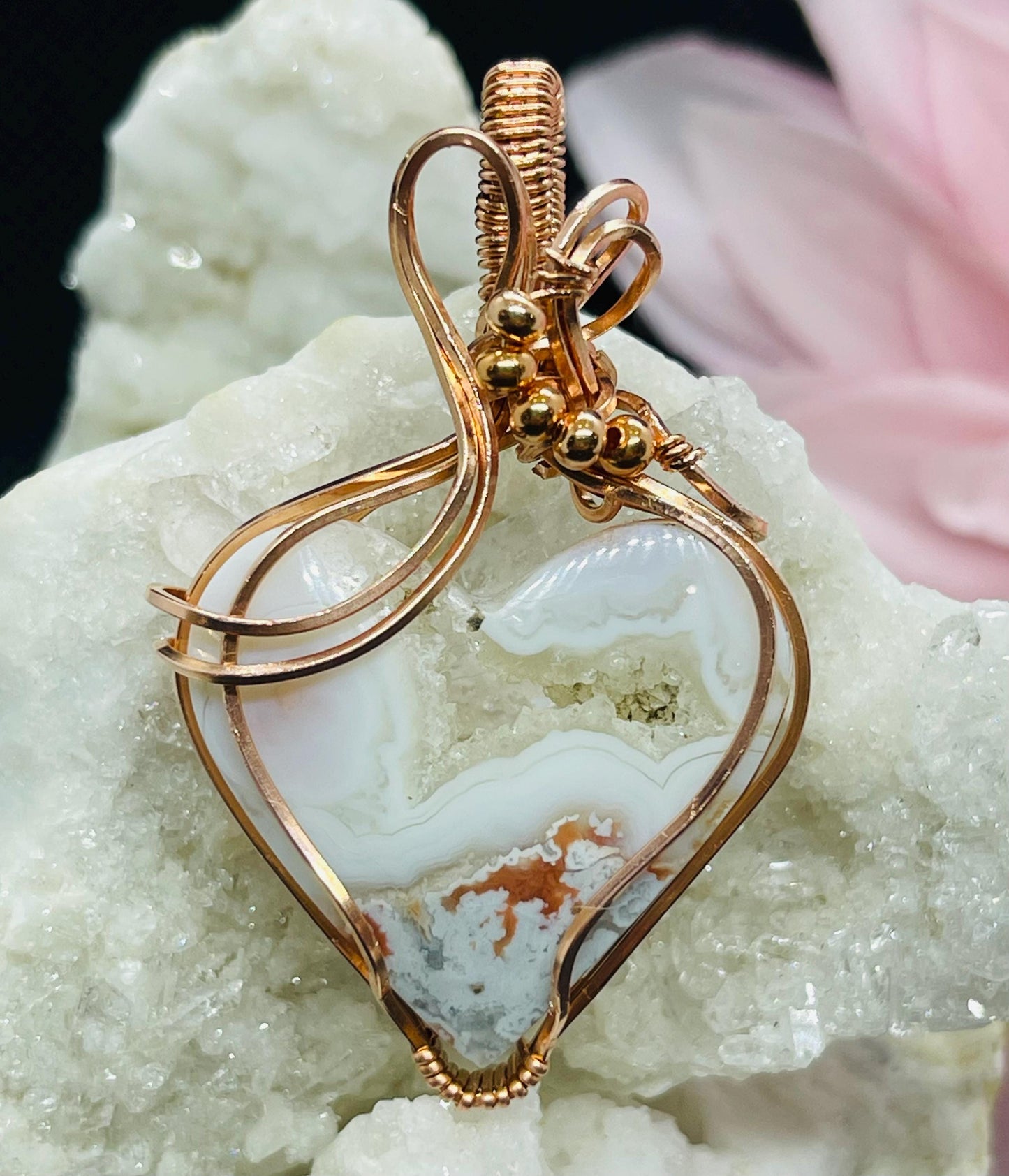 Cotton Candy Agate Druzy Heart Pendant in Copper Wire Wrapped Jewelry Necklace Gift Crystal RARE