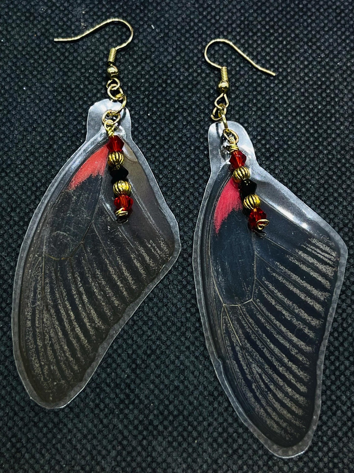 Real Butterfly Wing Earrings with Sparkle Bead Accents Jewelry Red Black