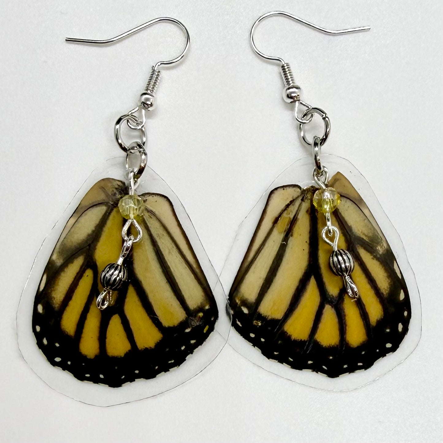 Monarch Rear Wing REAL Butterfly Wing Earrings w Silver & Yellow Beads
