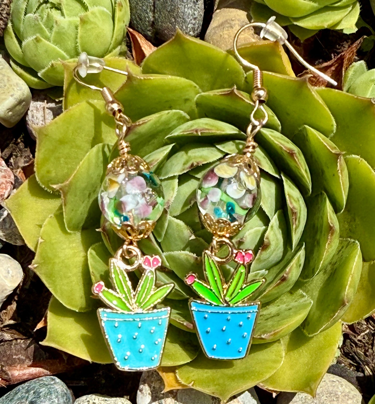 Playful Plant Earrings in Gold with Floral Accent Bead
