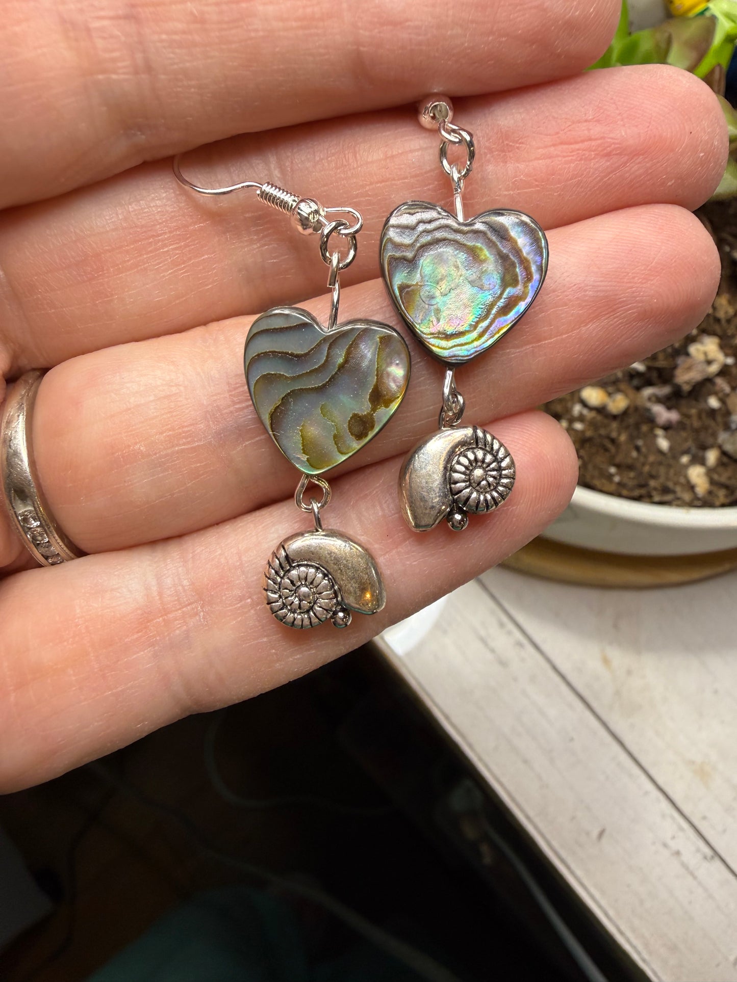 Abalone Heart w Silver Nautilus Shell Earrings