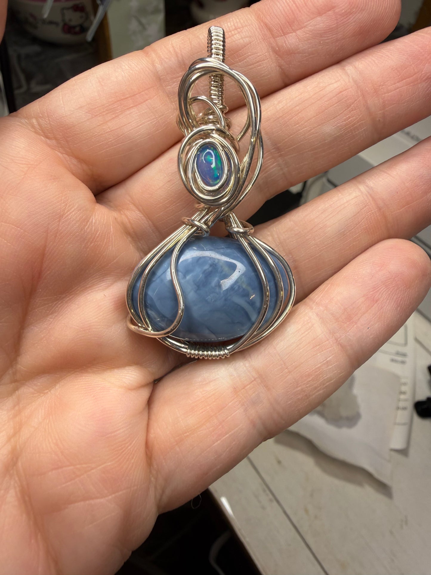 Common Blue Opal w Enhanced Ethiopian Opal Accent Wire Wrapped in Sterling Silver Pendant Jewelry Necklace