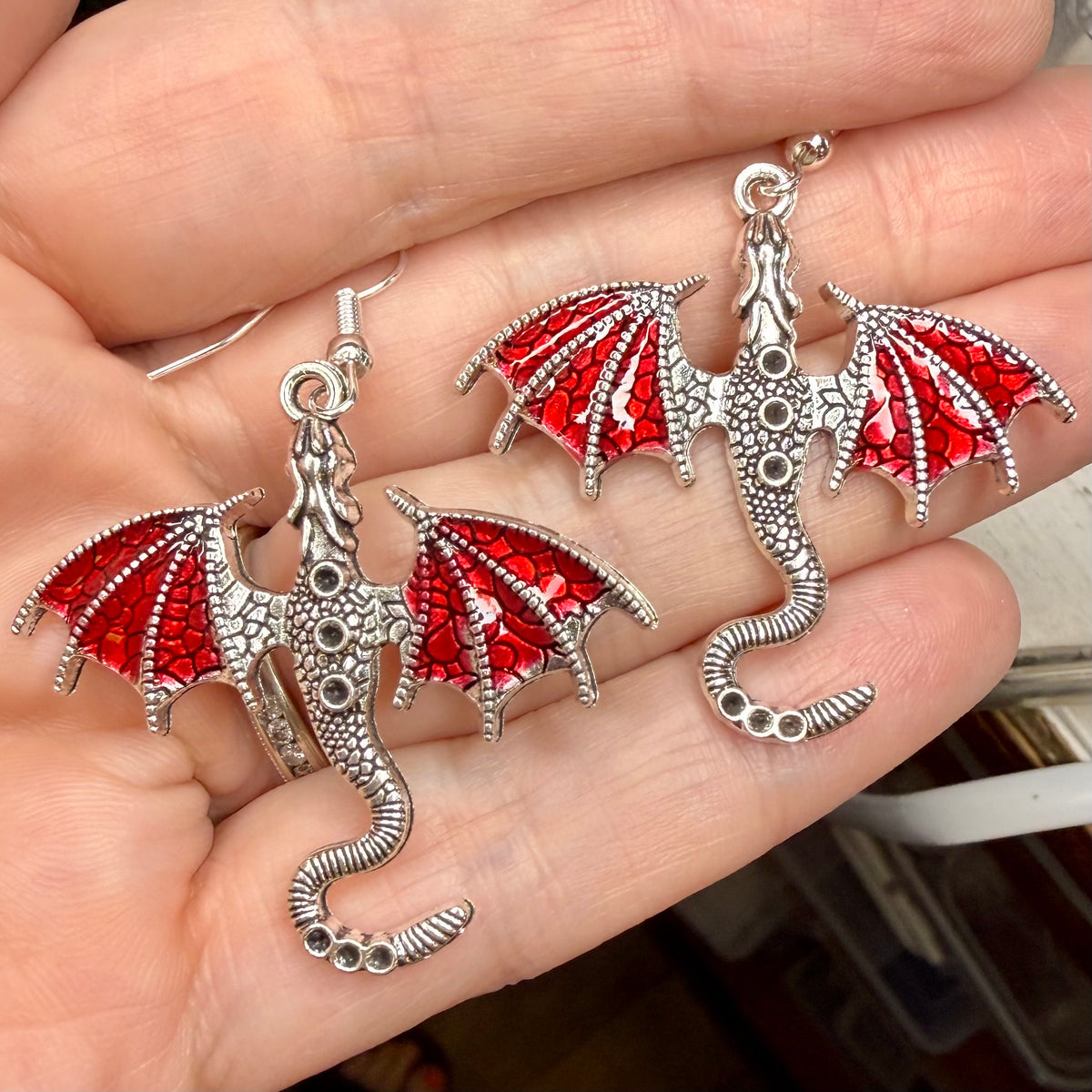 Red Metal Dragon Earrings