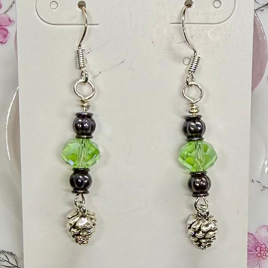 Pinecone with Green Bead Earrings