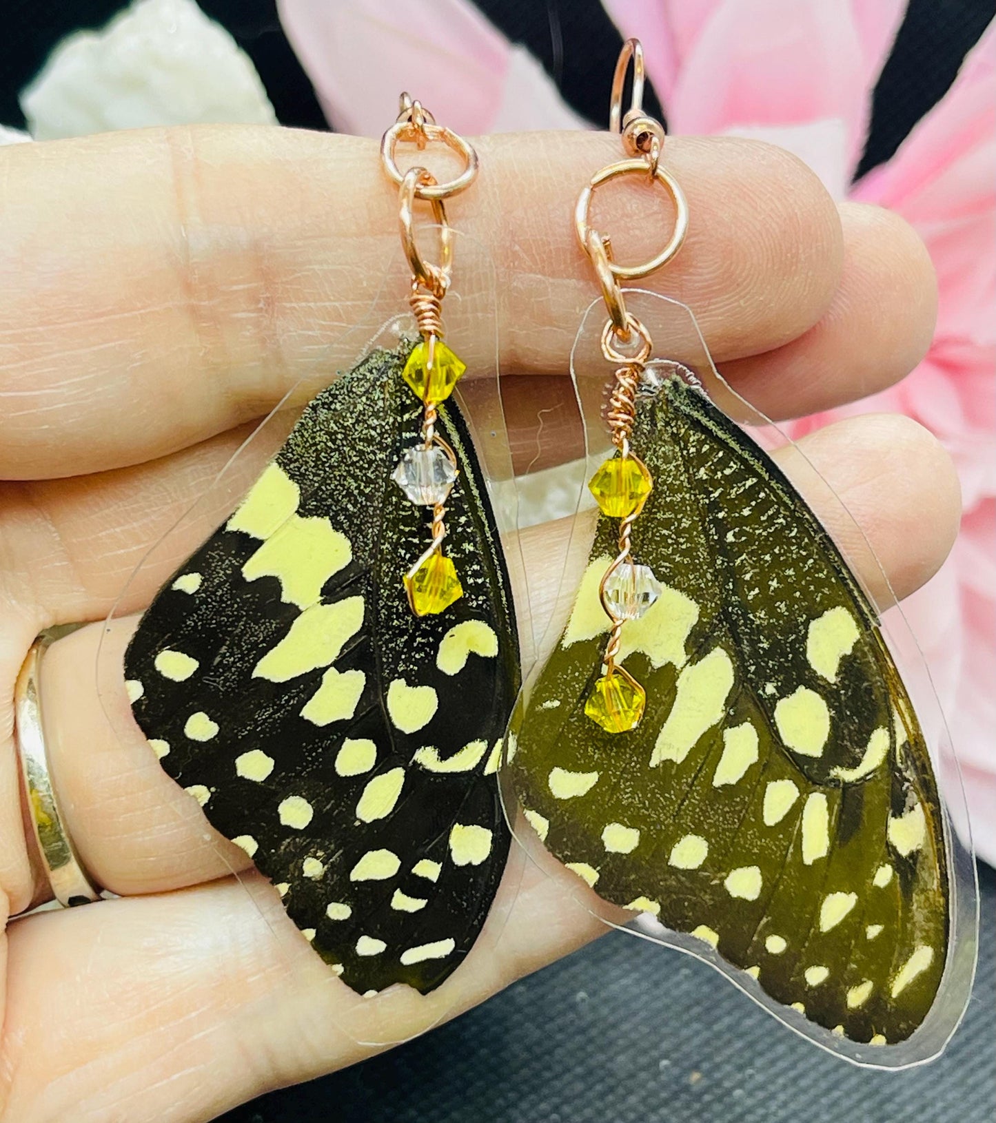 Real Butterfly Wing Earrings with Swarovski Crystal Accents Jewelry Black Yellow