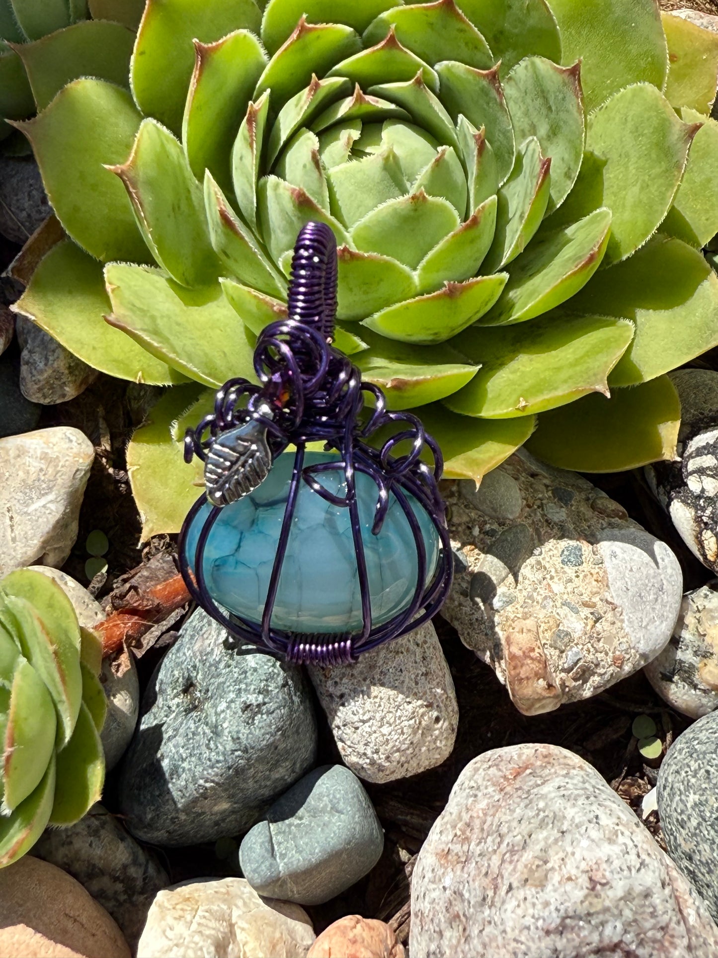 Dyed Blue Agate Pumpkin in Purple Wire with Silver Leaf Accent Pendant Necklace