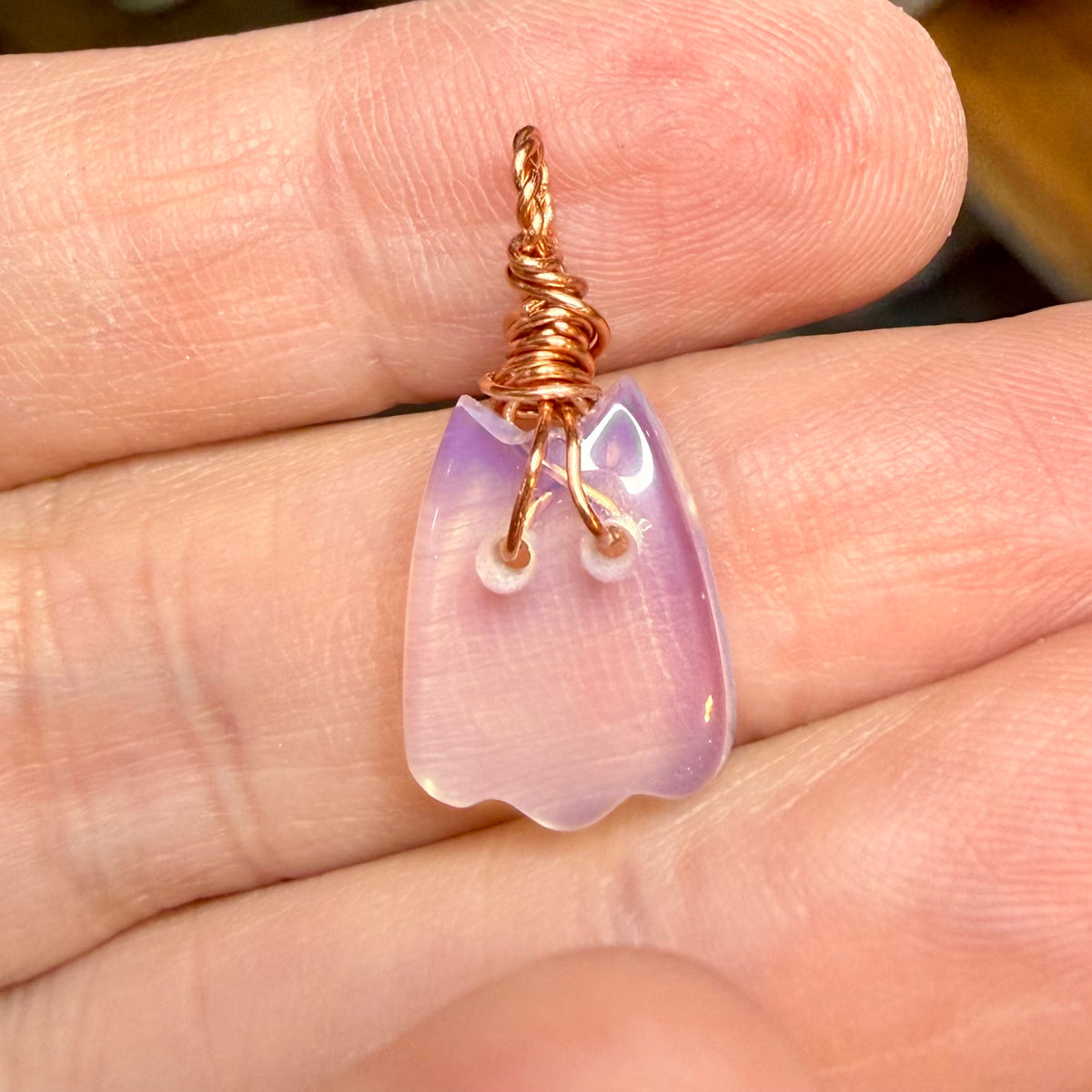Mini Opalite Ghost Cat Kitty Wire Wrapped in Copper Necklace Jewelry Pendant
