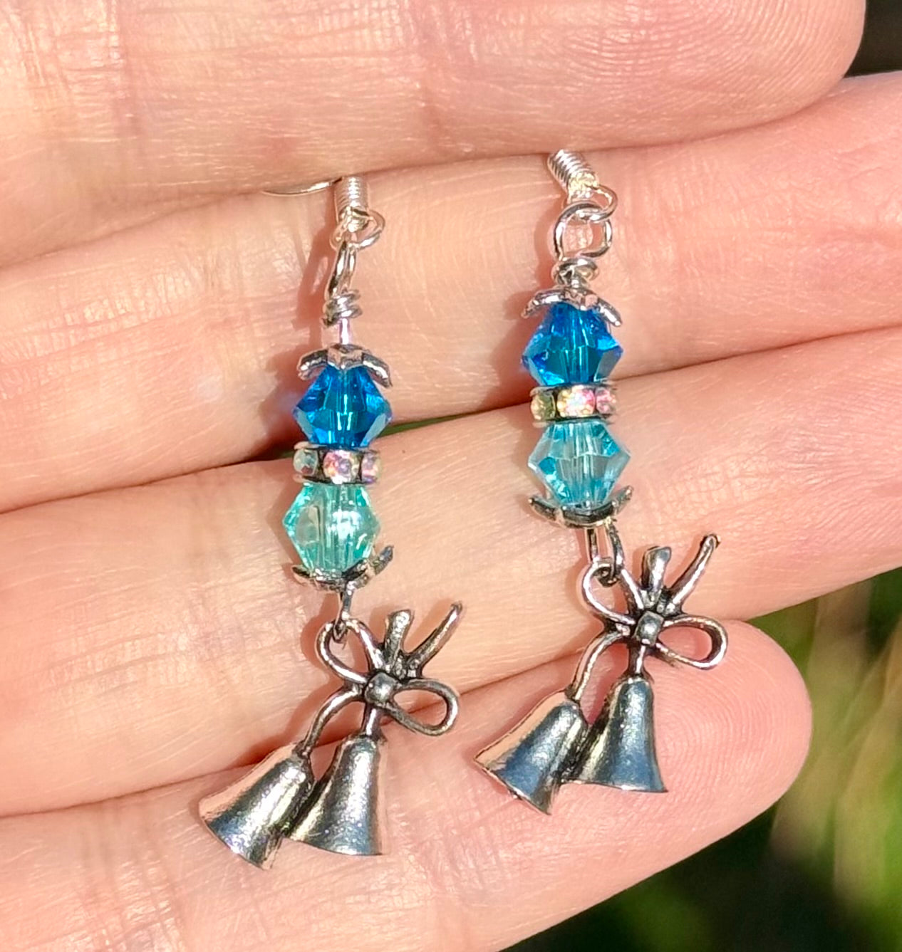 Bell Earrings with Blue Glass Beads in Silver