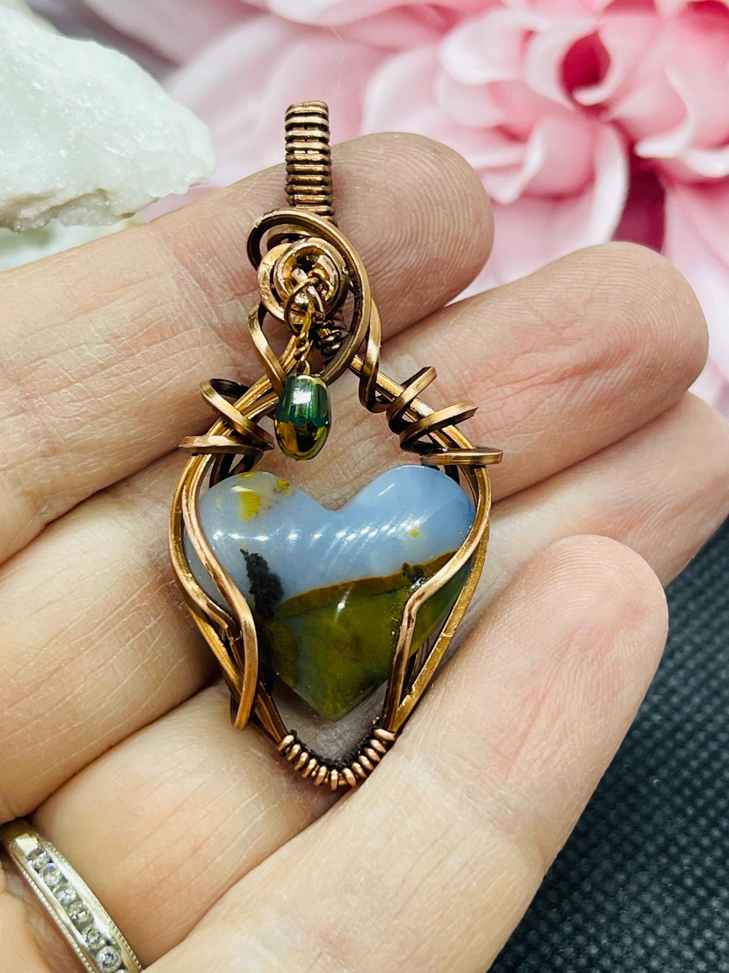 Polka Dot Agate Heart Pendant Wire Wrapped in Antiqued Copper with Green/Gold Bead Accent Jewelry Necklace Gift