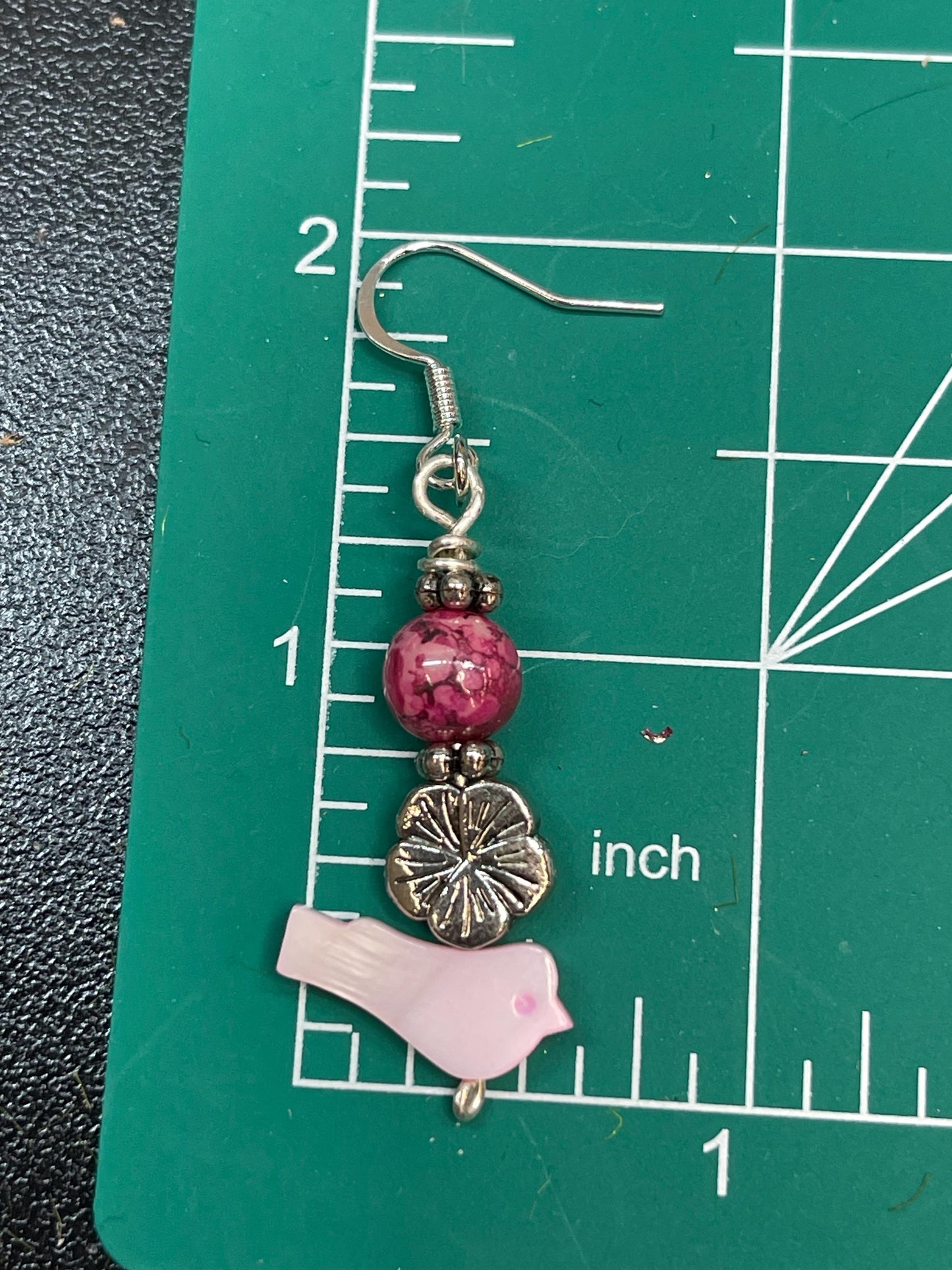 Pink Bird Earrings with Flowers in Silver Tone Jewelry Gift