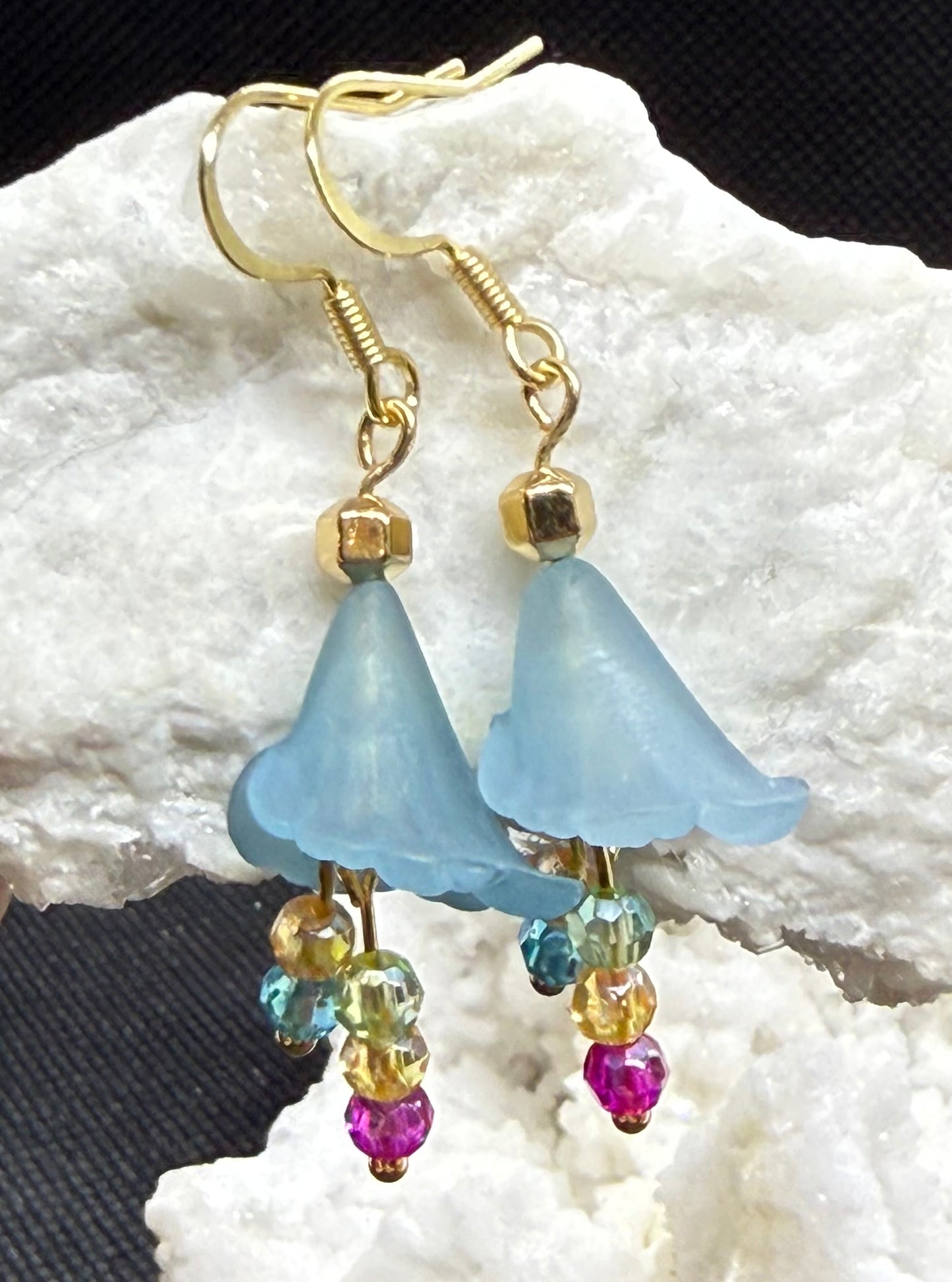 Blue Flower Dangle Earrings Jewelry Gold-tone with Jewel Color Faceted Beads Gift