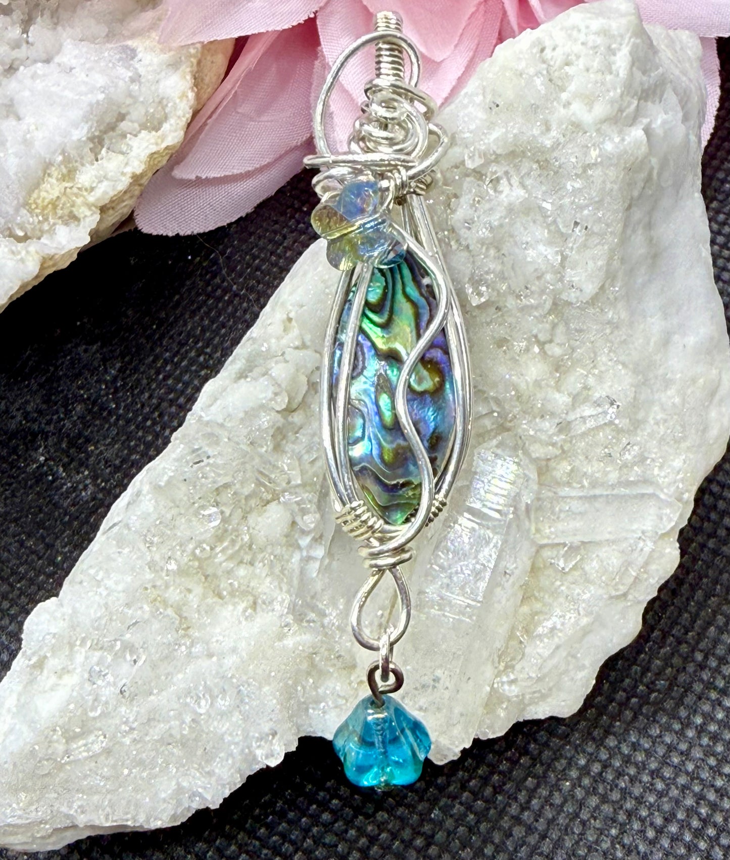 Abalone Shell Pendant in Sterling Silver with Butterfly and Accent Beads Jewelry Necklace Gift