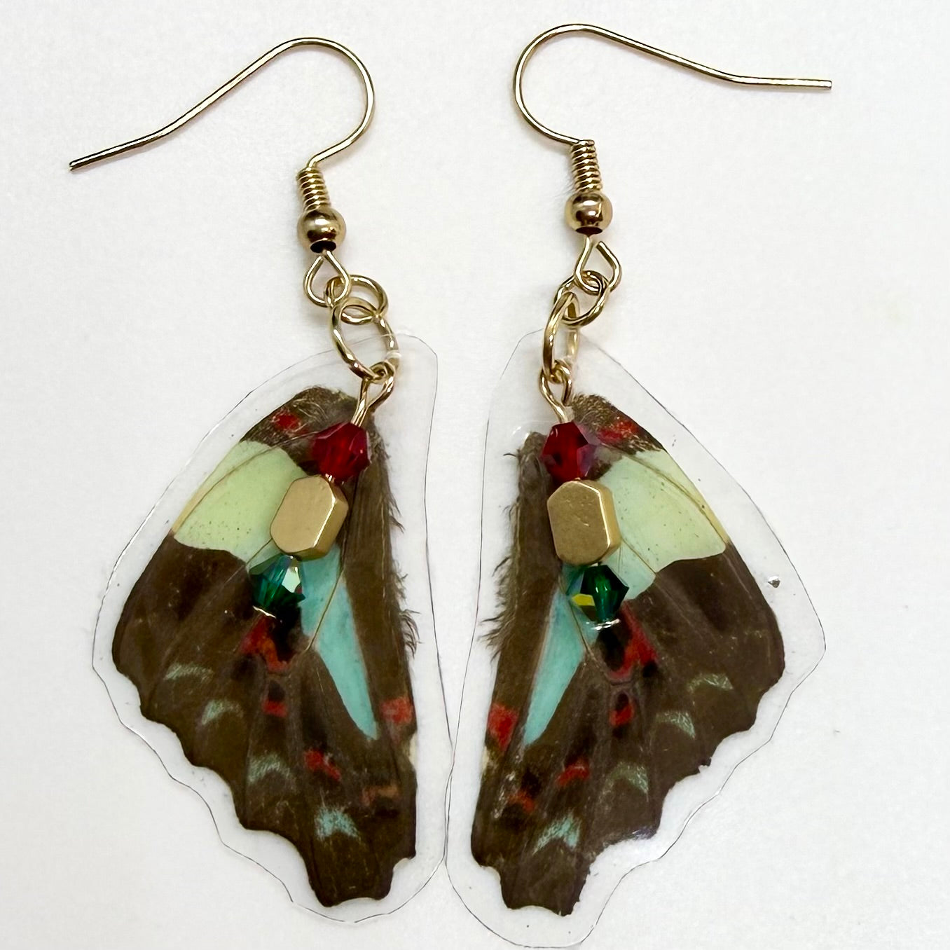 Common Bluebottle Rear Wing REAL Butterfly Wing Earrings w Red, Green & Gold Beads