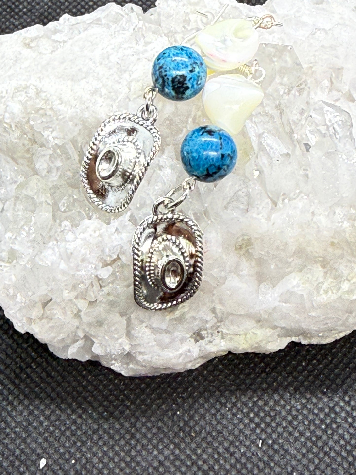 Cowboy Cowgirl Hat Earrings Silver w Blue & Shell Beads