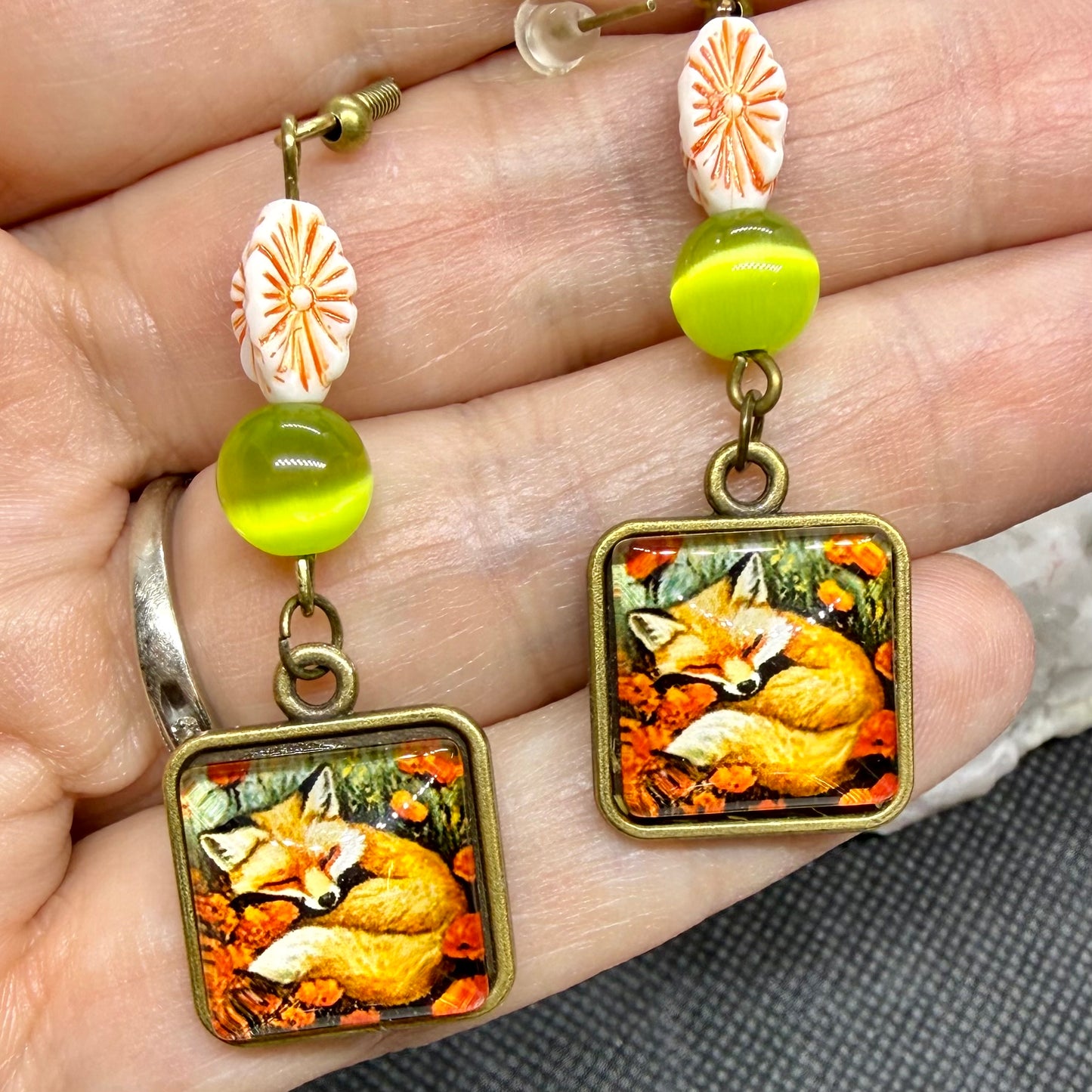 Fox Earrings w Cats Eye Bead
