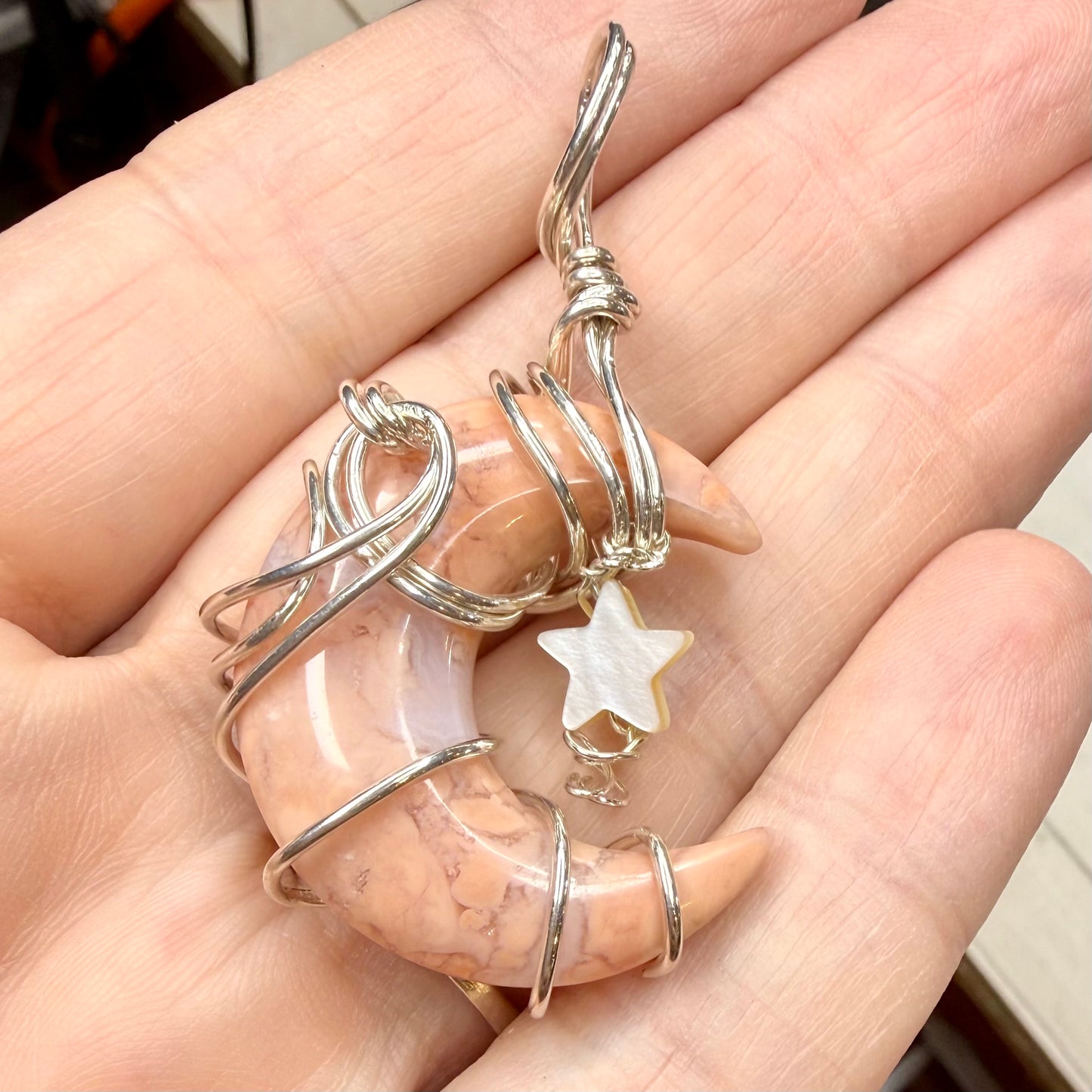 Cotton Candy Agate Crescent Moon Sterling Silver Pendant Jewelry Necklace