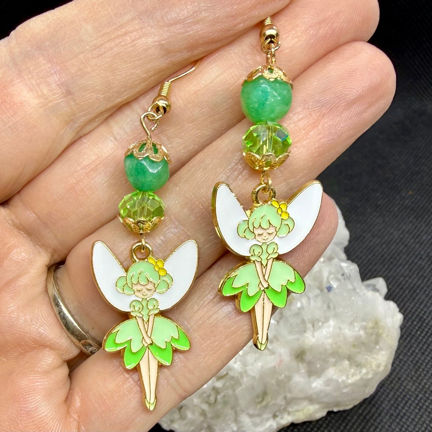 Green Fairy Earrings w Goldtone Ear Wires
