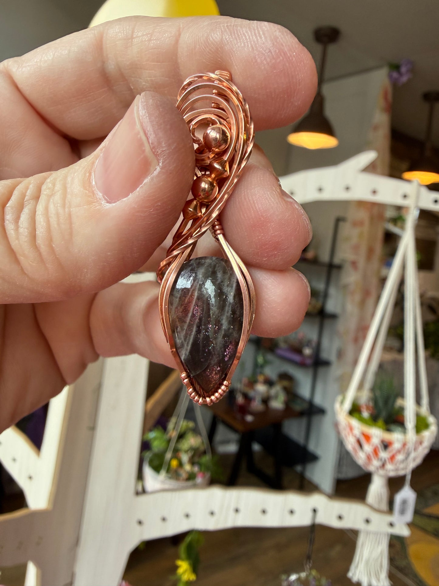 Purple Haze Black Sunstone Iolite Pendant Wire Wrapped in Copper Jewelry Necklace