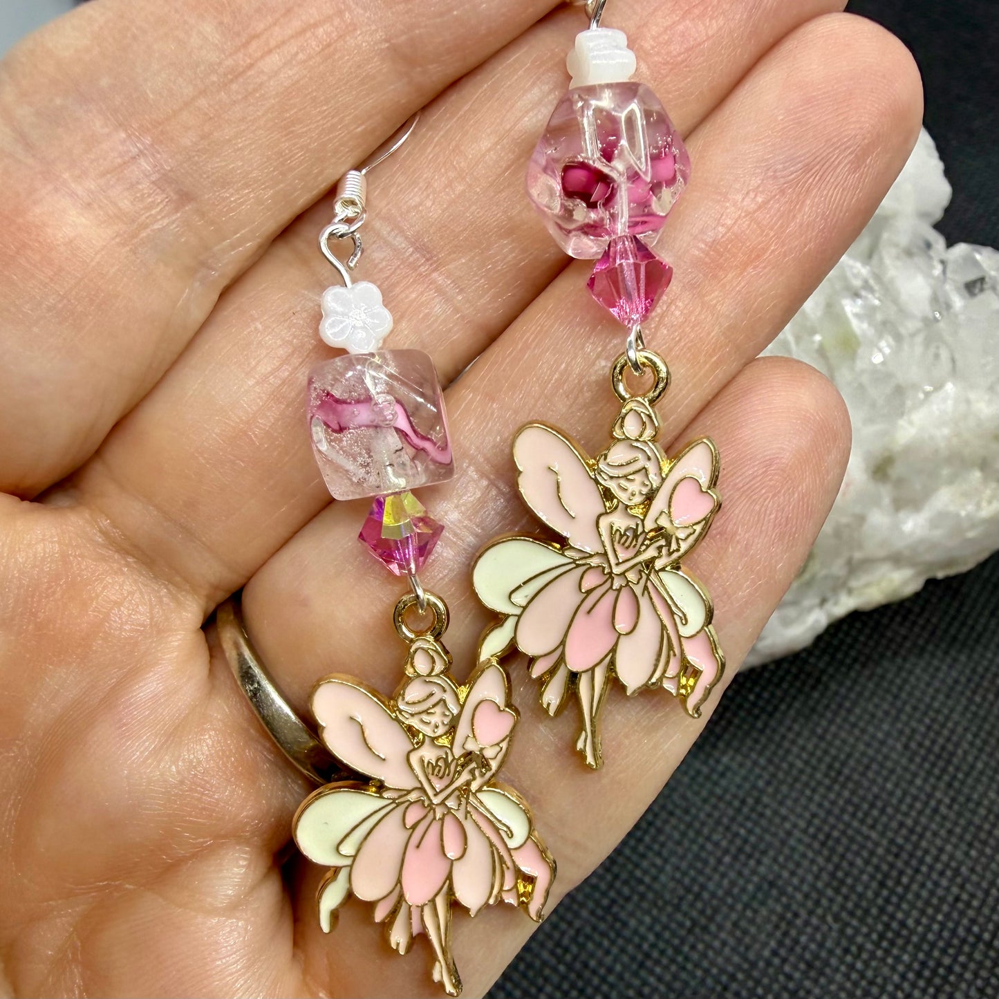 Pink Fairy Earrings w Goldtone Ear Wires