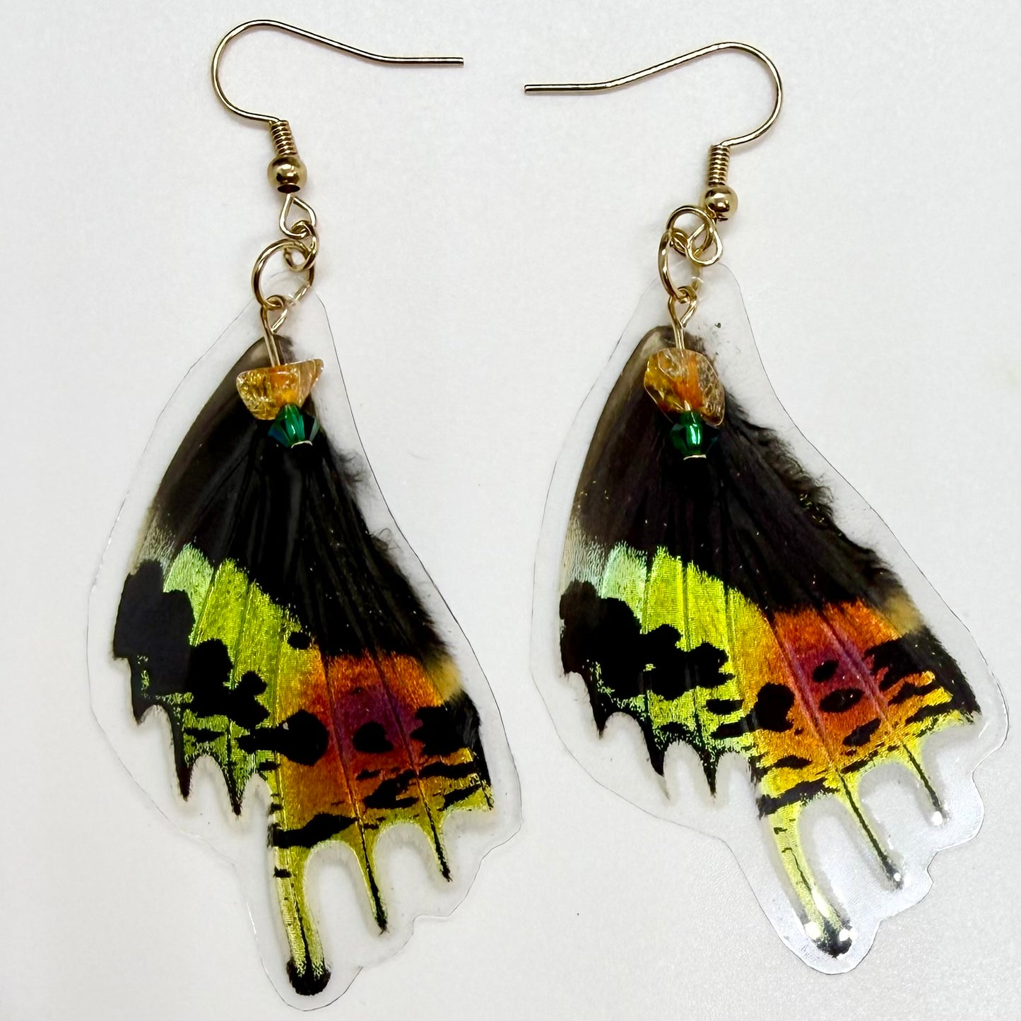 Madagascar Sunset Moth Rear Wing REAL Butterfly Wing Earrings w Orange Crackle & Teal Beads