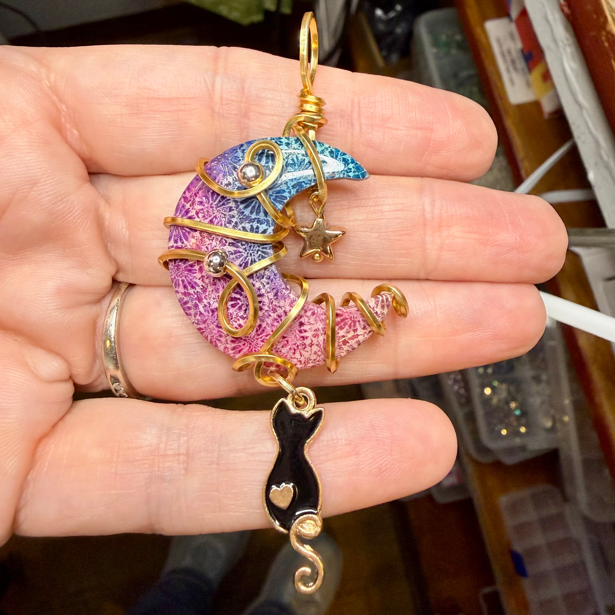 Rainbow Dyed Palm Root Crescent Moon Wire Wrapped in Gold Tone w Black Cat & Star Accents Jewelry Pendant Necklacr