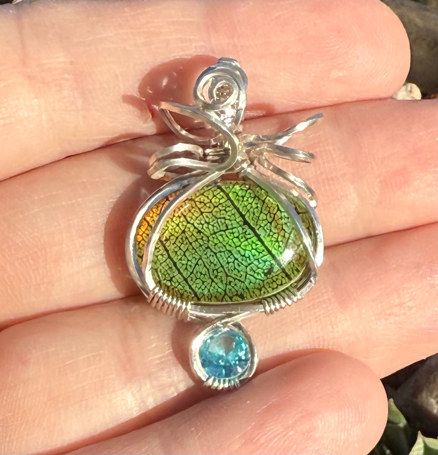 Real Leaf Glass Doublet Pendant w Green CZ Jewelry Necklace
