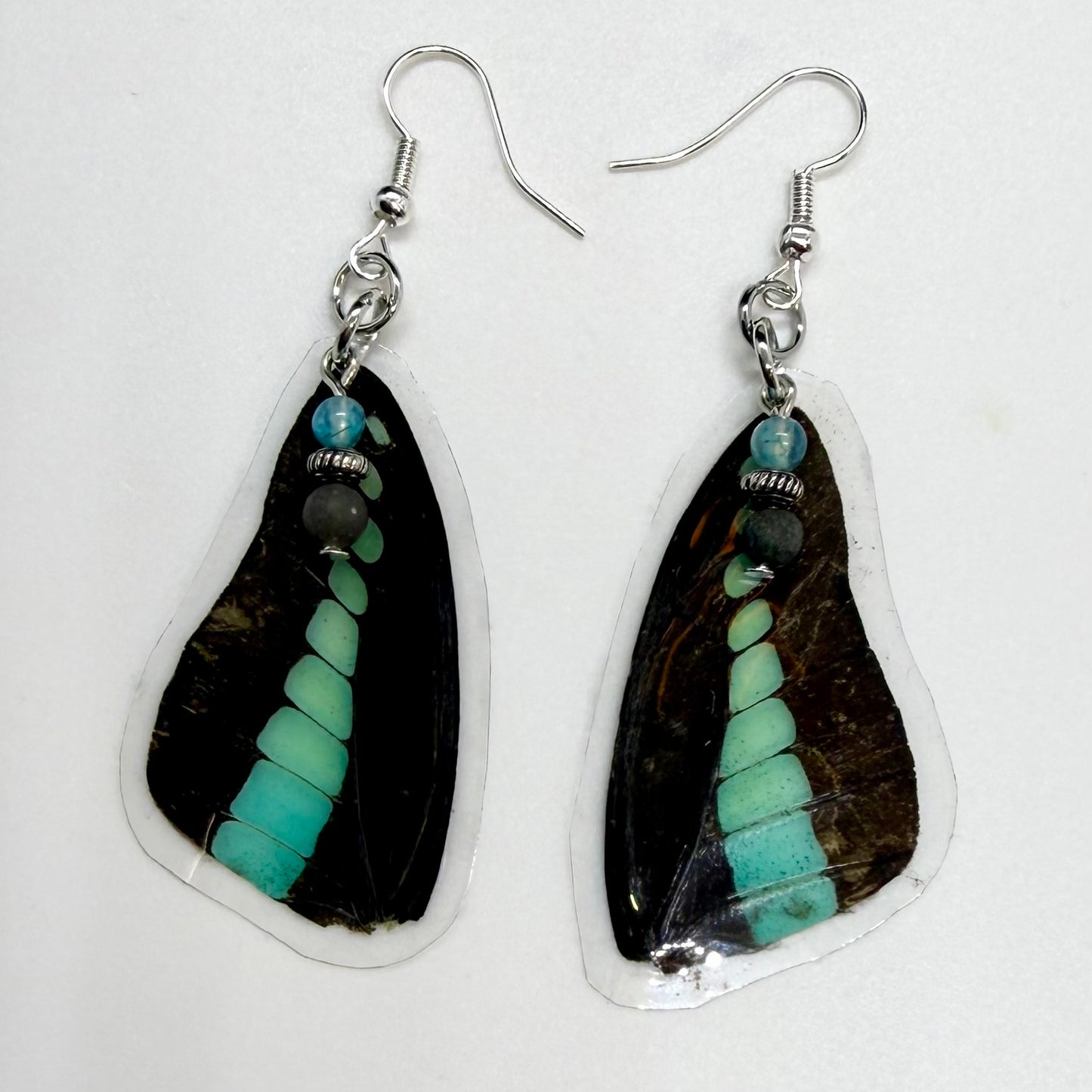 Common Bluebottle Front Wing REAL Butterfly Wing Earrings w Black & Blue Beads