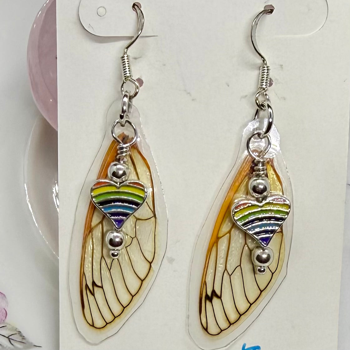 REAL Cicada Wing Earrings Rainbow Heart