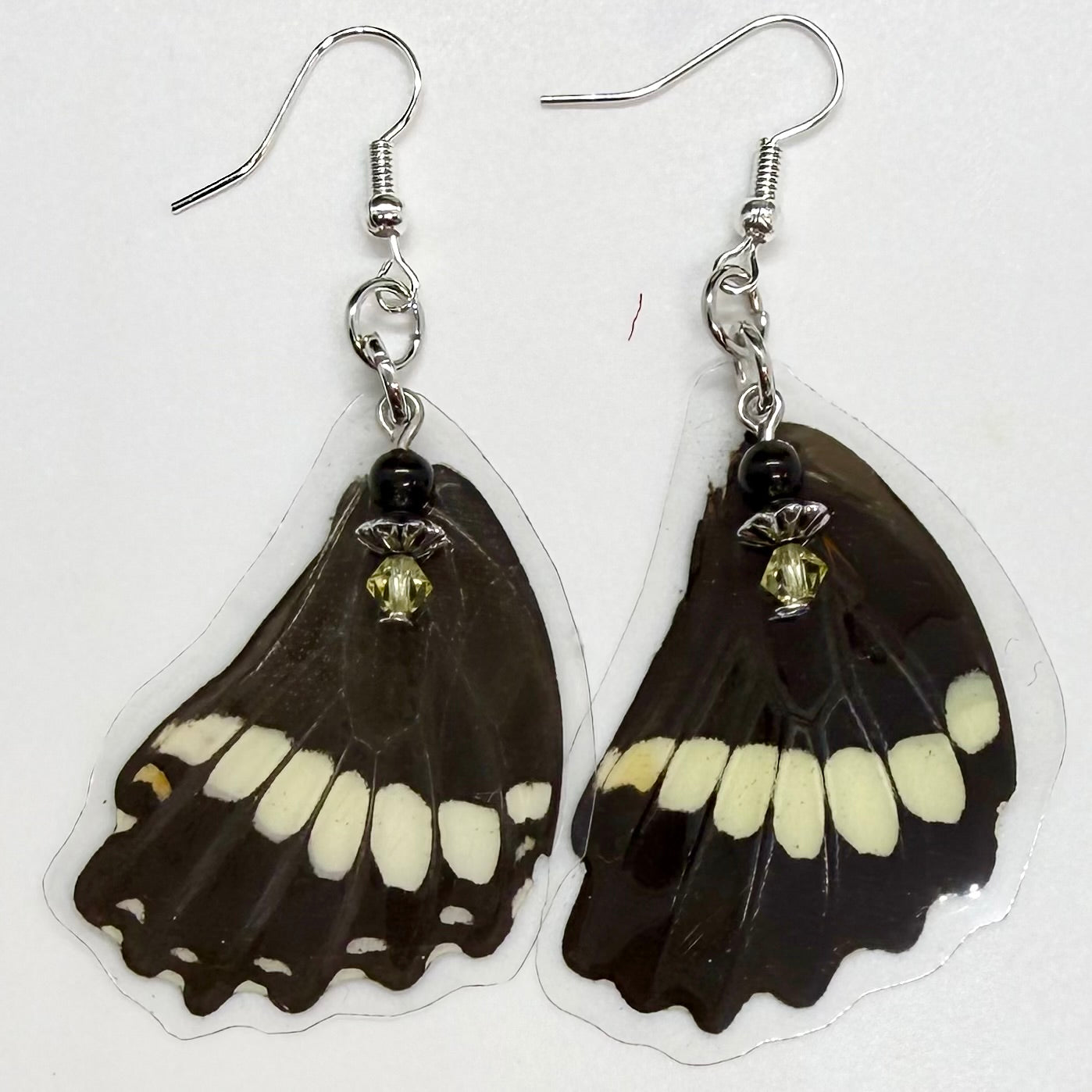 Black & White Swallowtail Rear Wing REAL Butterfly Wing Earrings w Black, Yellow & Silver Beads