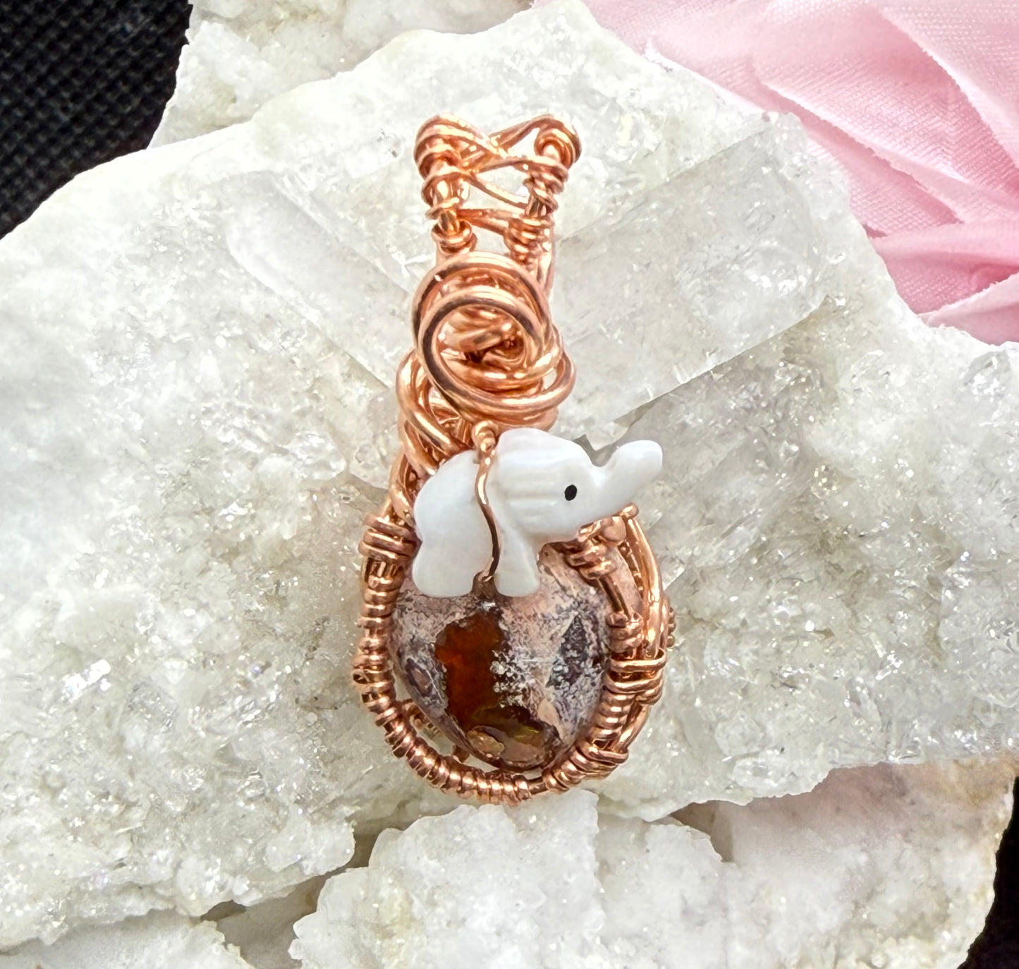 Mexican Fire Opal with Elephant Wire Wrapped in Copper Jewelry Necklace Pendant