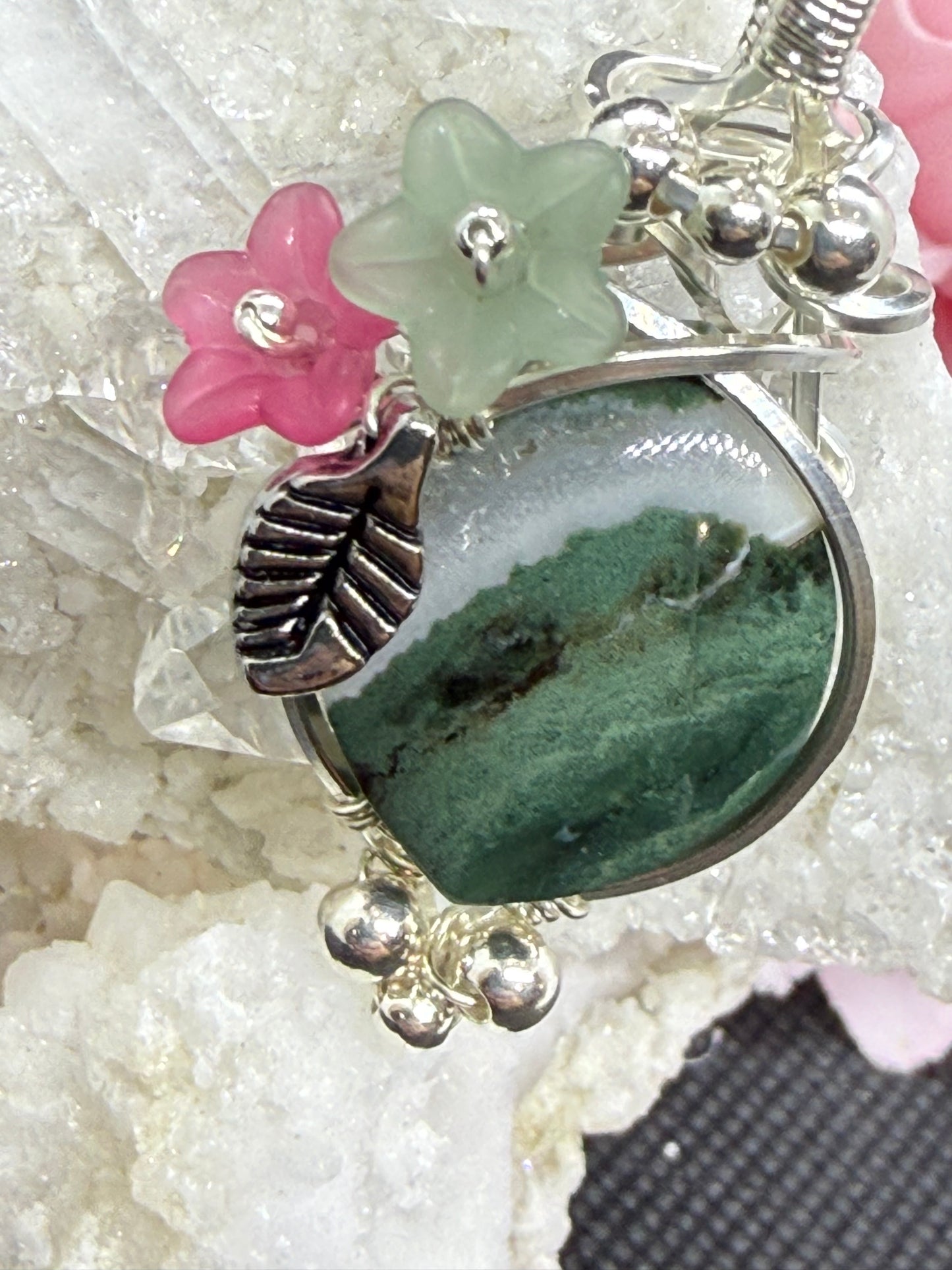 Green Zebra Jasper in Sterling Silver with Flowers Necklace Pendant Gift