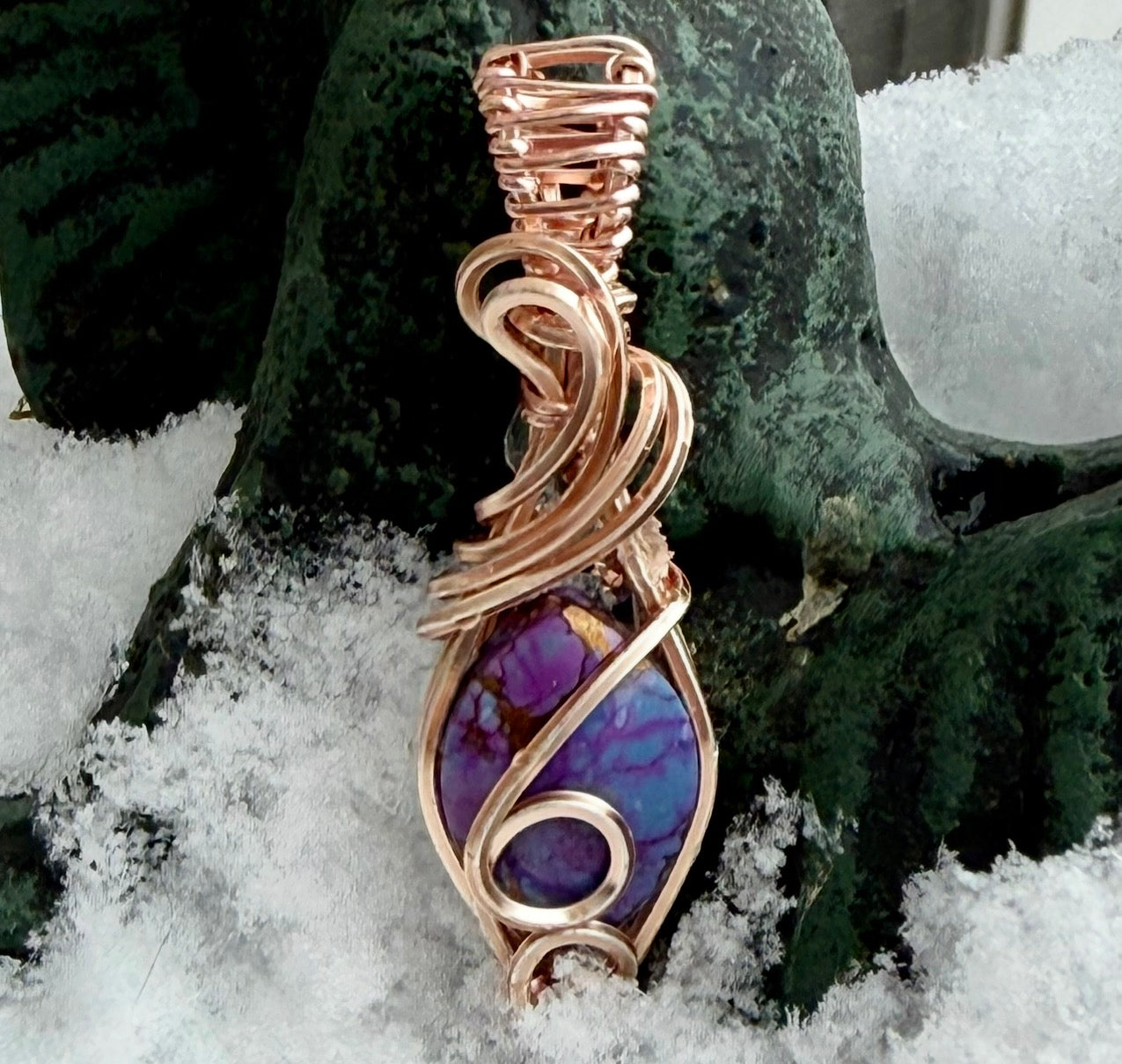 Purple Dahlia Wire Wrapped in Rose Gold Plate Jewelry Necklace Pendant
