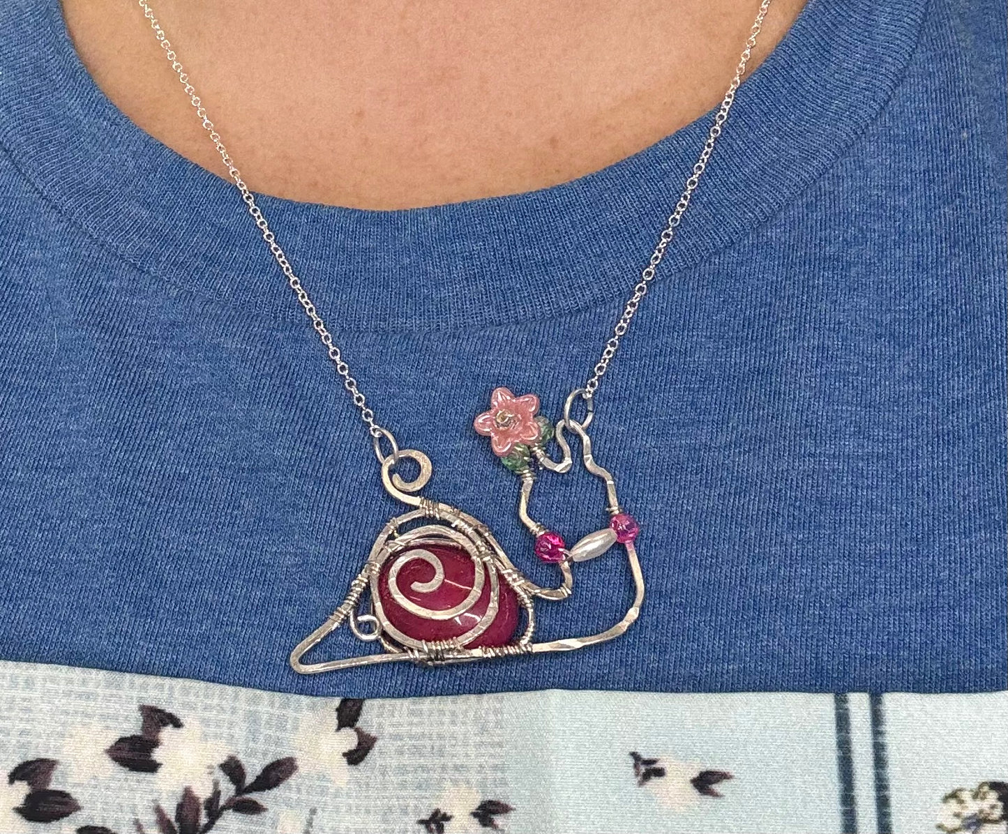 Dyed Pink Agate Snail in Sterling Silver with Flower & Faux Pearl Accents Jewelry Pendant Necklace CHAIN INCLUDED