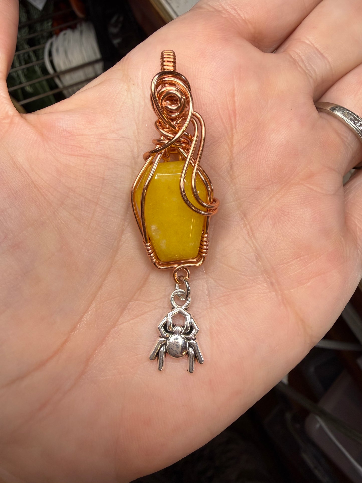 Mini Yellow Crystal Coffin Wire Wrapped in Copper w Spider Pendant Jewelry Necklace