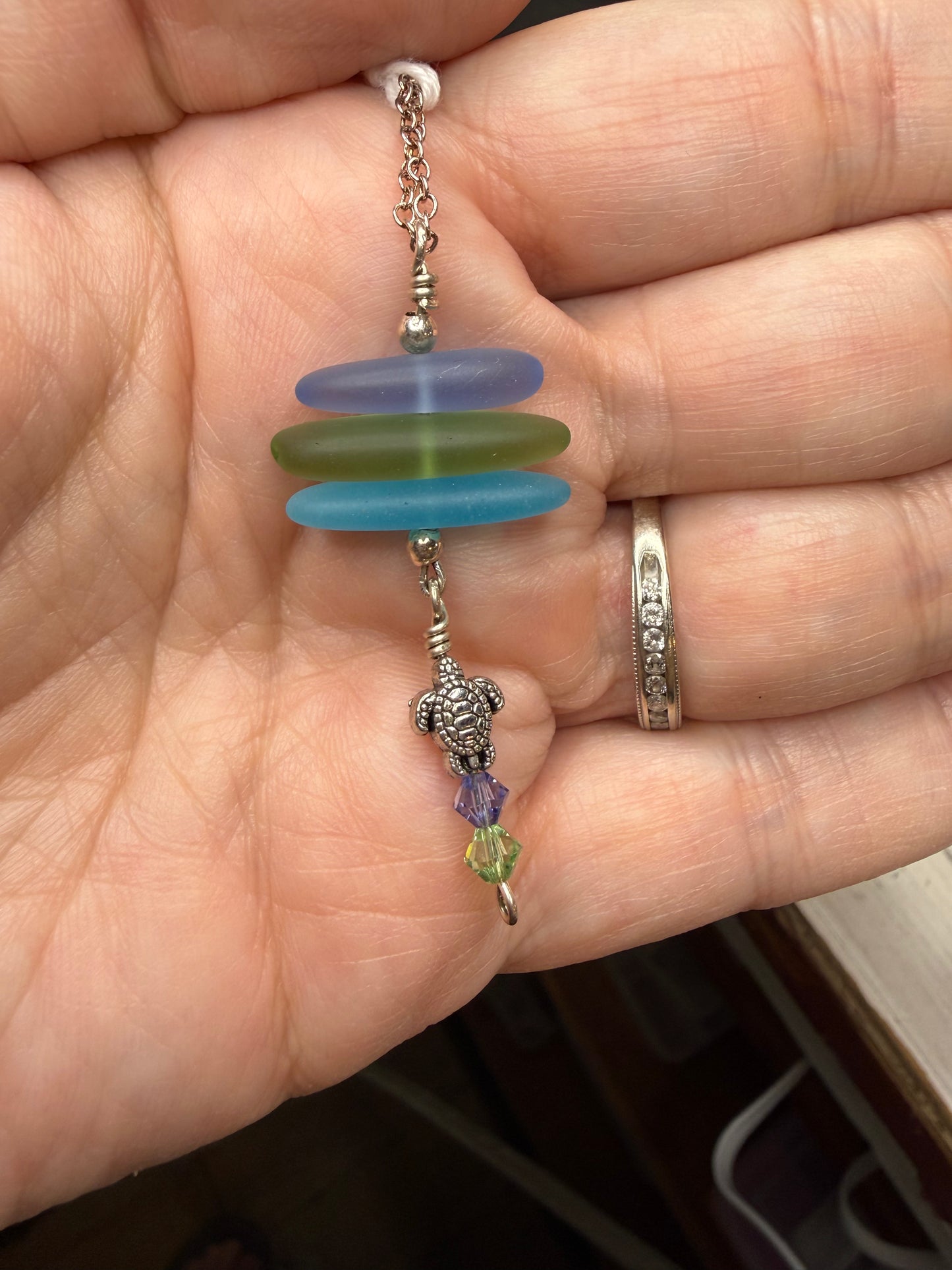 Sea Glass with Turtle on Sterling Silver Chain Necklace Jewelry