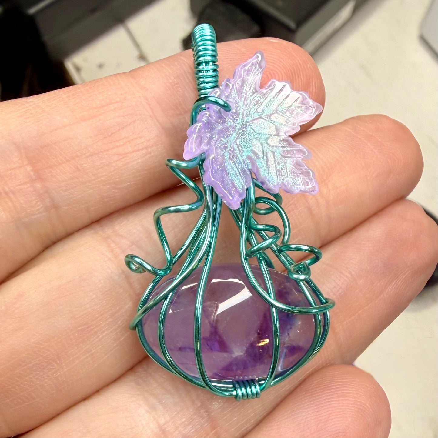 Amethyst Wire Wrapped Pumpkin with Blue Wire & Iridescent Leaf Accent Pendant Jewelry Necklace