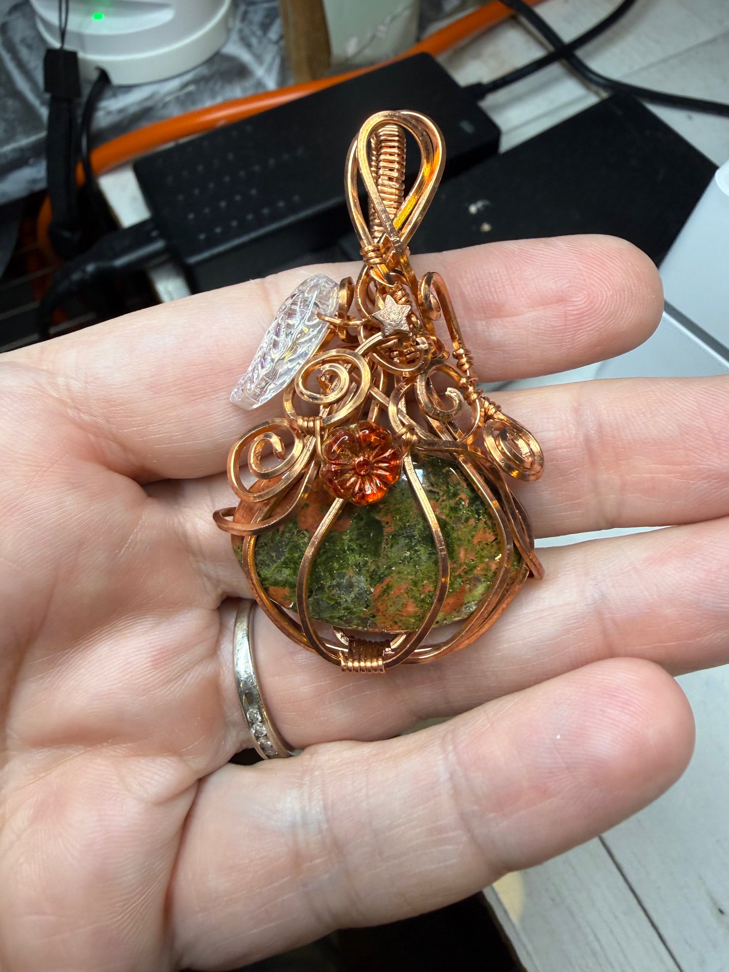 Unakite Pumpkin Wire Wrapped in Copper w Star, Glass Leaf & Flower Jewelry Necklace Pendant