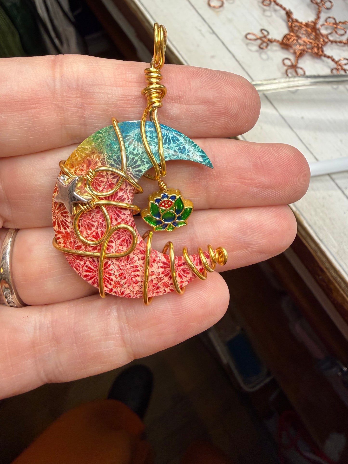 Rainbow Dyed Palm Root Crescent Moon Wire Wrapped in Gold Tone w Star & Lotus Flower Pendant Jewelry Necklace