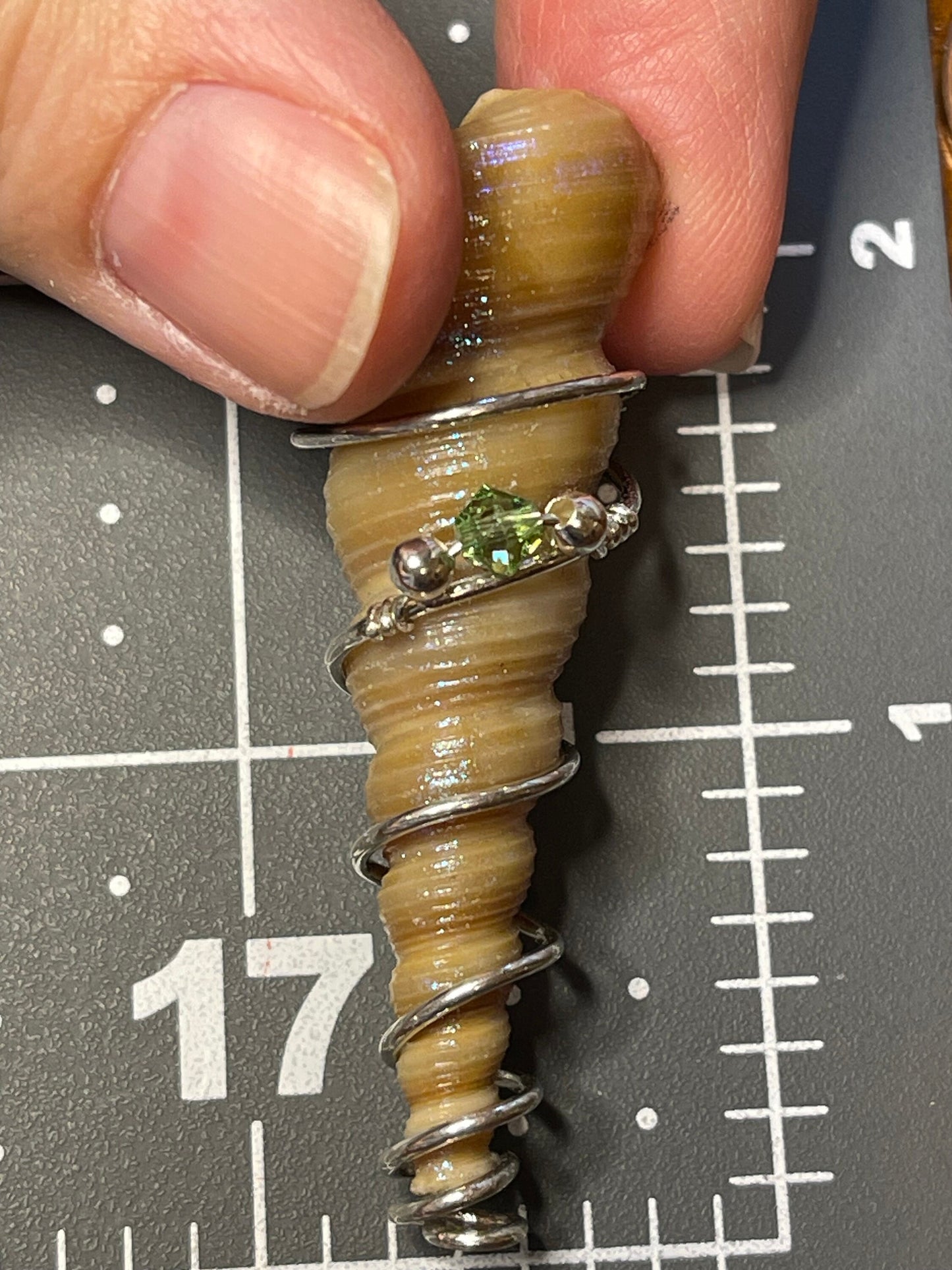 Spiral Shell Necklace w Dragonfly Glaze on 18 inch chain accented with Swarovski Crystal & Sterling Silver Beads