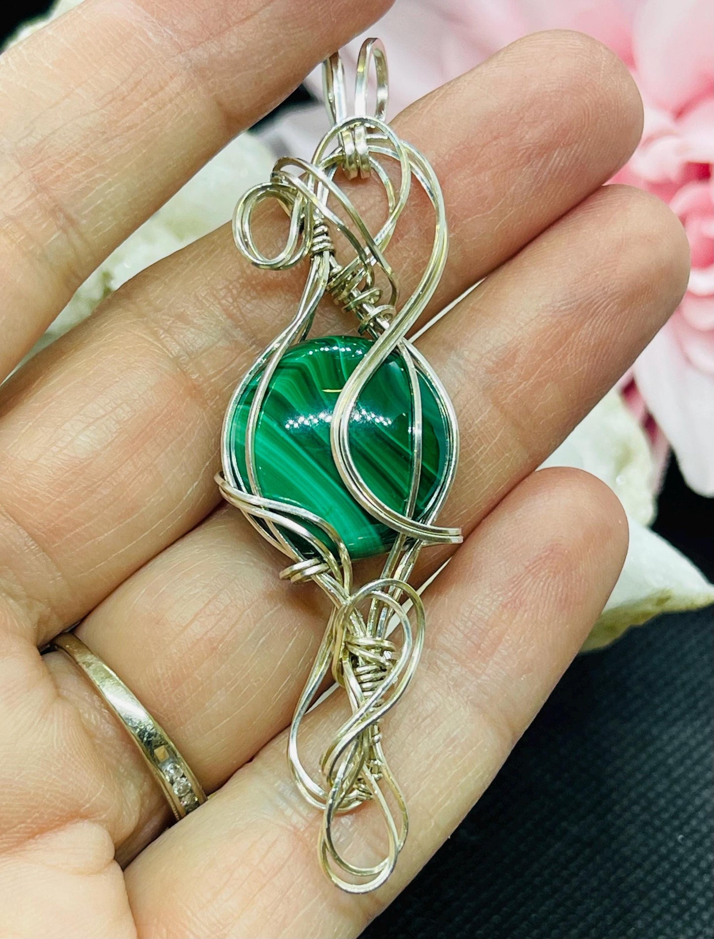 Malachite Swirl Pendant in Sterling Silver Wire Wrapped Jewelry Necklace Gift