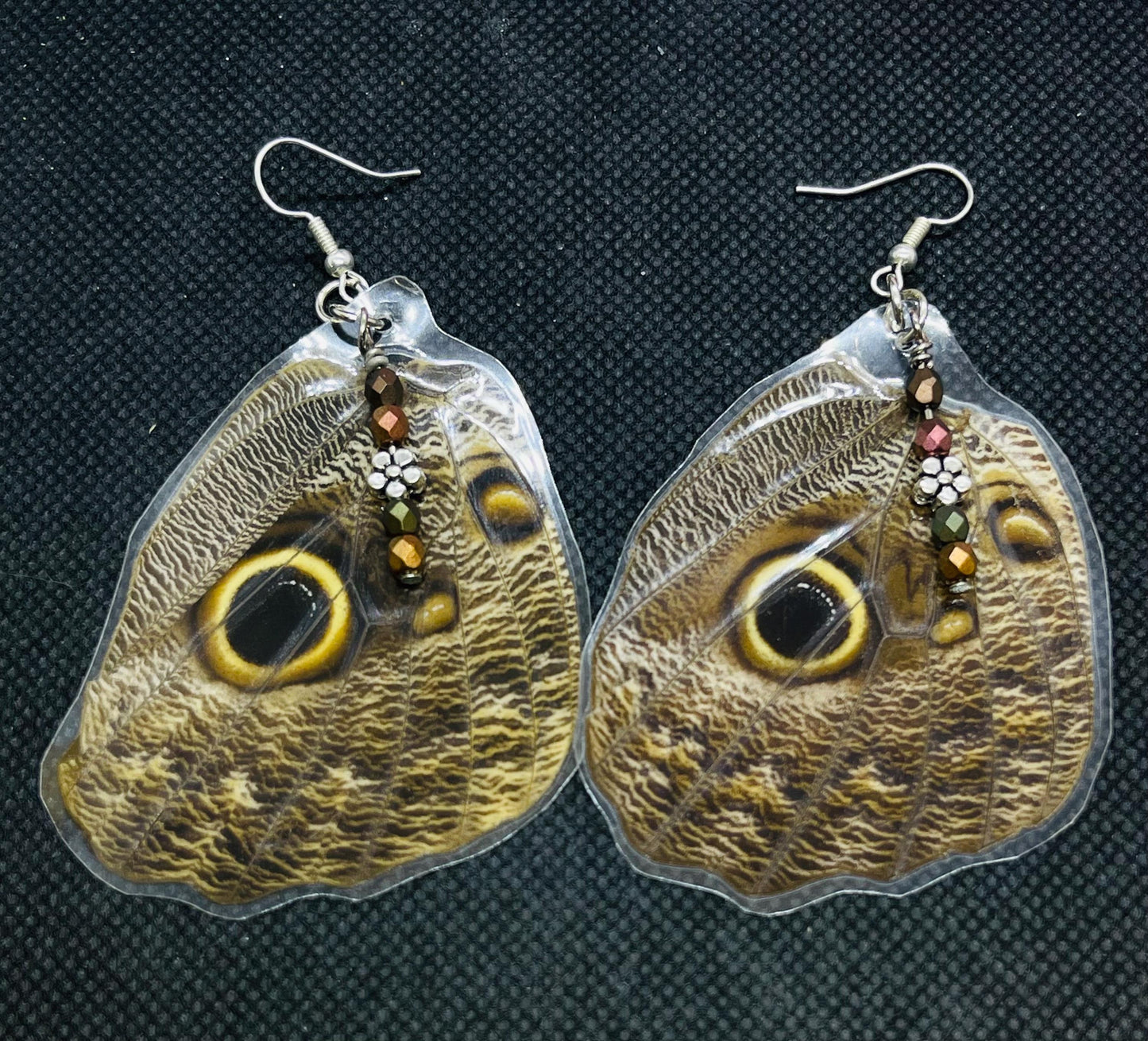 Butterfly Wing Earrings from Real Owl Butterfly Wings w Bead Accents Jewelry Gift Nature in Silver