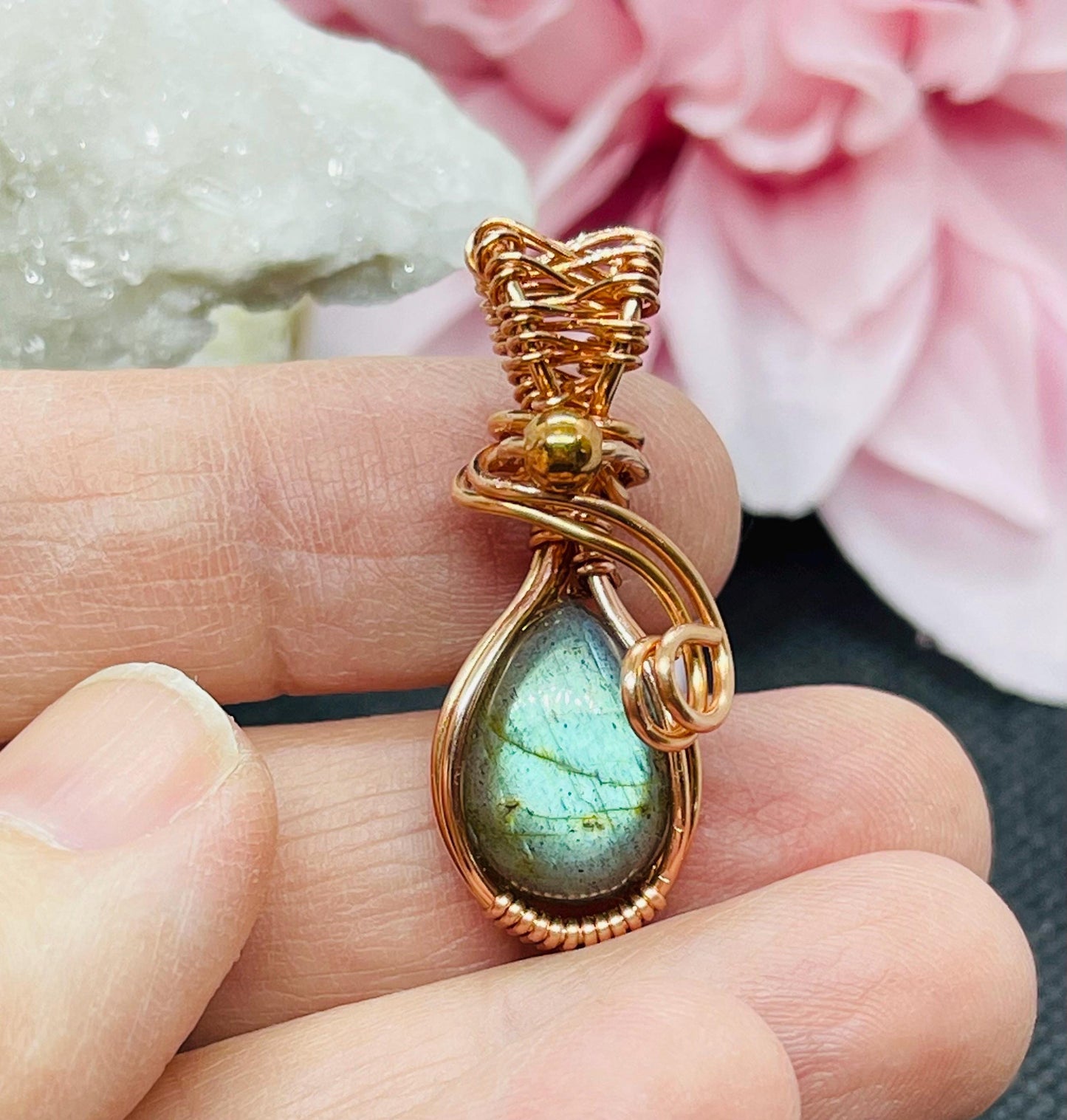 Mini Labradorite Pendant in Copper Wire Wrapped Jewelry Necklace Gift Crystal Blue Flash